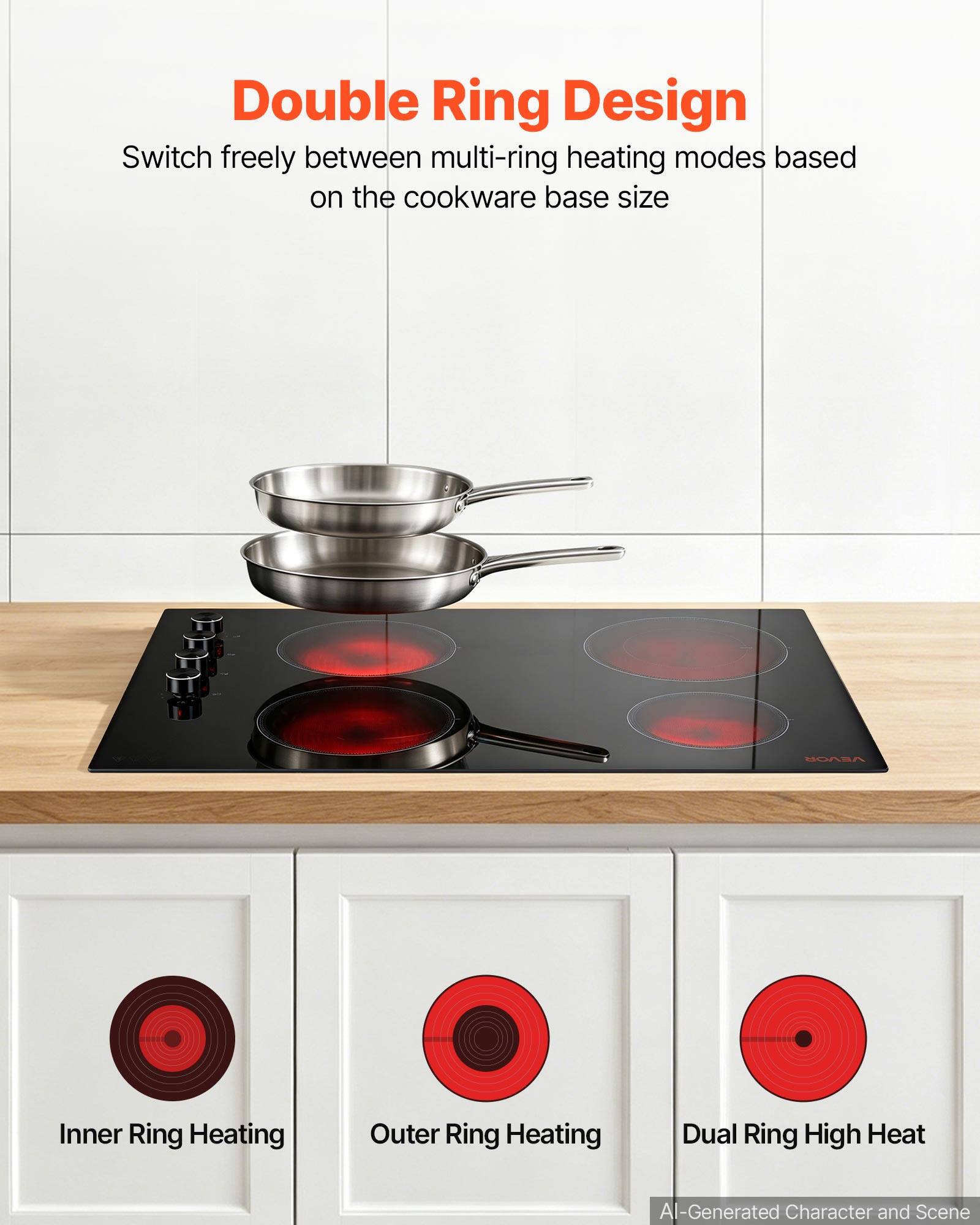 Double Ring Design  
Switch freely between multi-ring heating modes based on the cookware base size  

Inner Ring Heating  
Outer Ring Heating  
Dual Ring High Heat  

AI-Generated Character and Scene