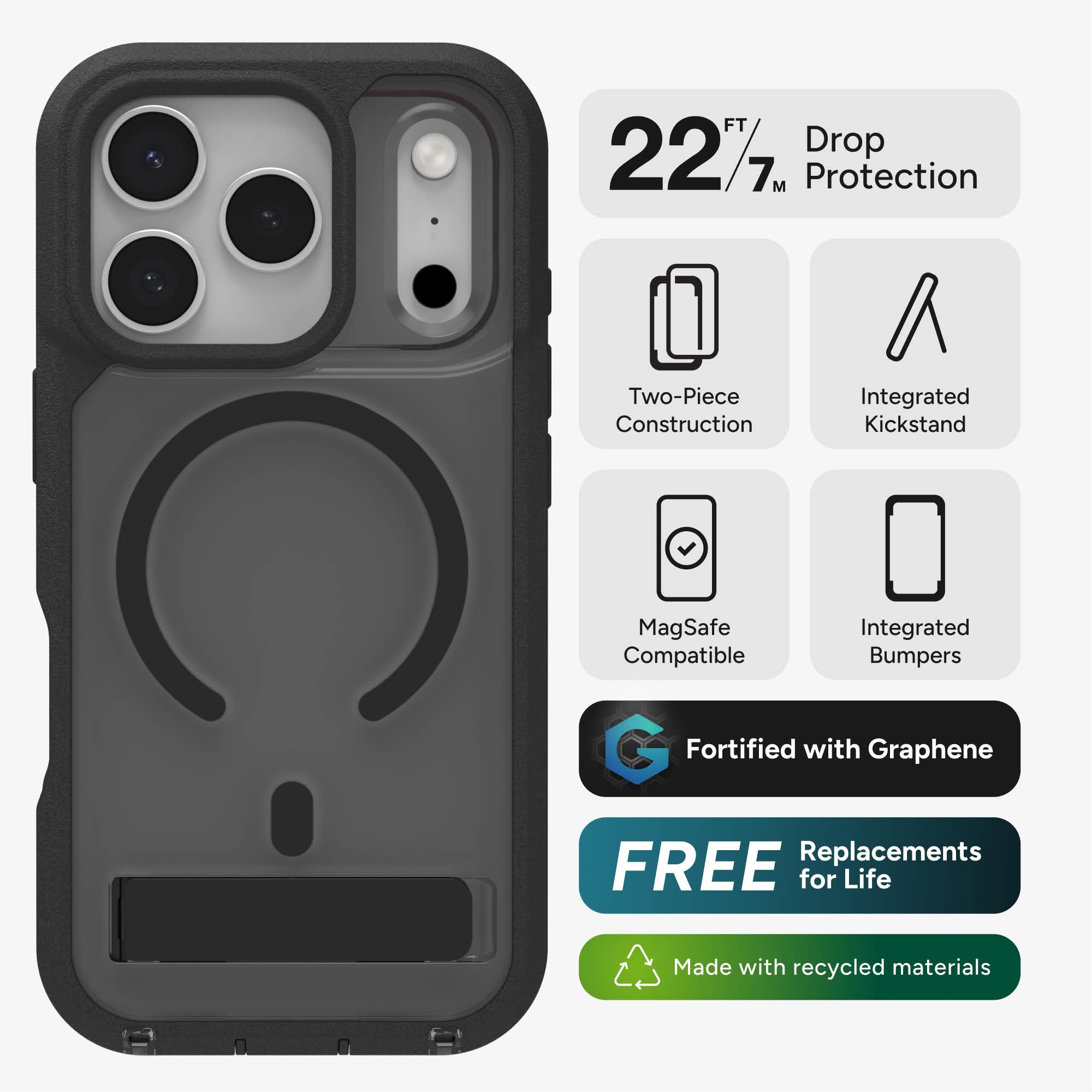 FT 22/7M Drop Protection  
Two-Piece Construction  
Integrated Kickstand  
MagSafe Compatible  
Integrated Bumpers  
Fortified with Graphene  
FREE Replacements for Life  
Made with recycled materials