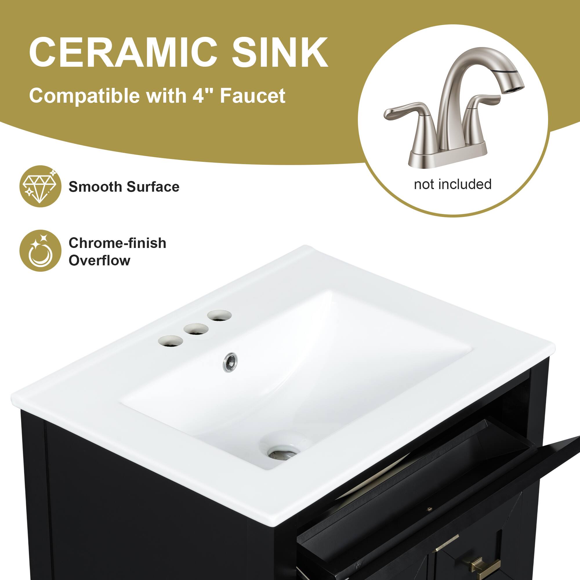 CERAMIC SINK  
Compatible with 4" Faucet  
Smooth Surface  
Chrome-finish Overflow  
not included