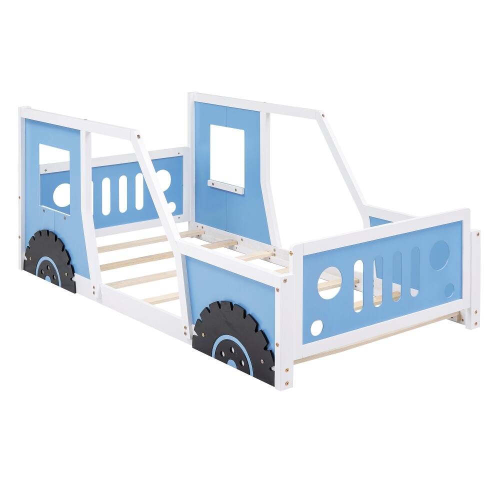 Alt View 9. Loheer - Loheer Twin Size Classic Car Shaped Platform Bed with Wheels, Blue Kids Wooden Bed Frame - Blue.