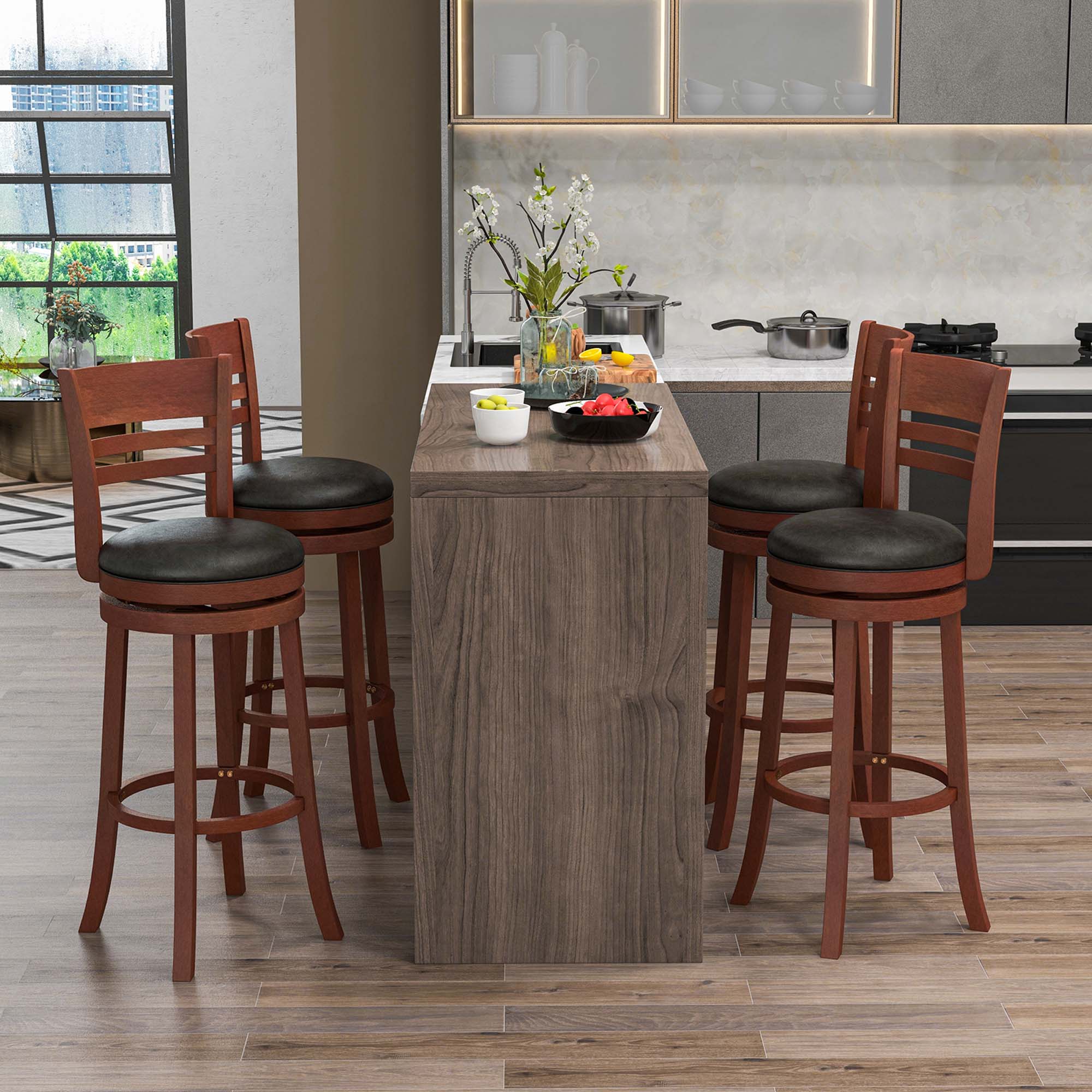 Alt View 3. Costway - Set of 4 Bar Stools Swivel Bar Height Dining Chairs with Backrests & Footrests - Black/Brown.