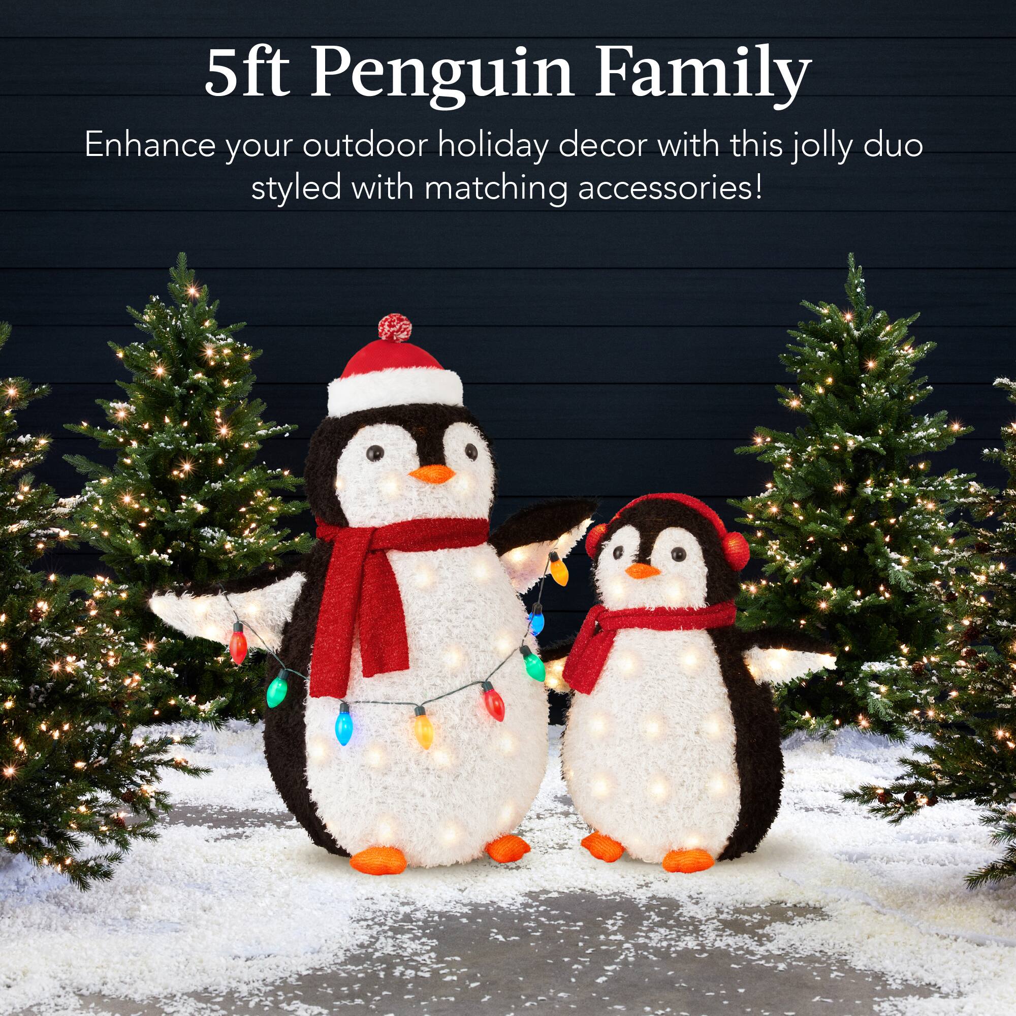 5ft Penguin Family  
Enhance your outdoor holiday decor with this jolly duo styled with matching accessories!