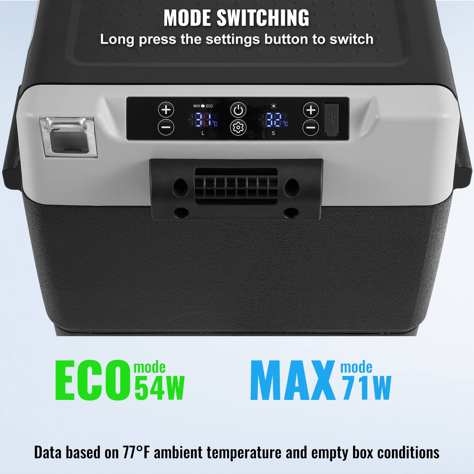 MODE SWITCHING
Long press the settings button to switch
ECO mode 54W
MAX mode 71W
Data based on 77°F ambient temperature and empty box conditions