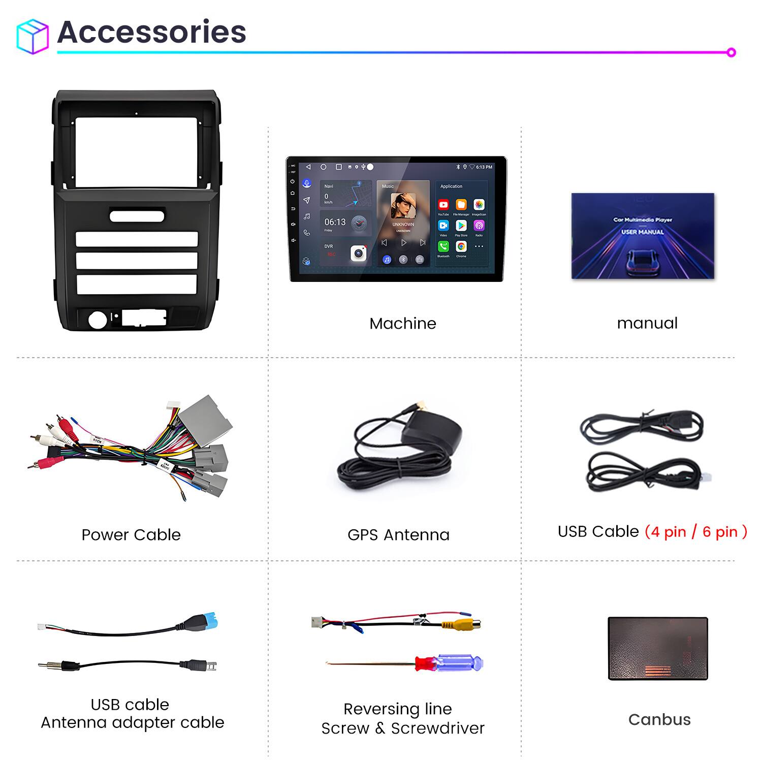 Accessories

- Machine
- Manual
- Power Cable
- GPS Antenna
- USB Cable (4 pin / 6 pin)
- USB Cable
- Antenna Adapter Cable
- Reversing Line
- Screw & Screwdriver
- Canbus
