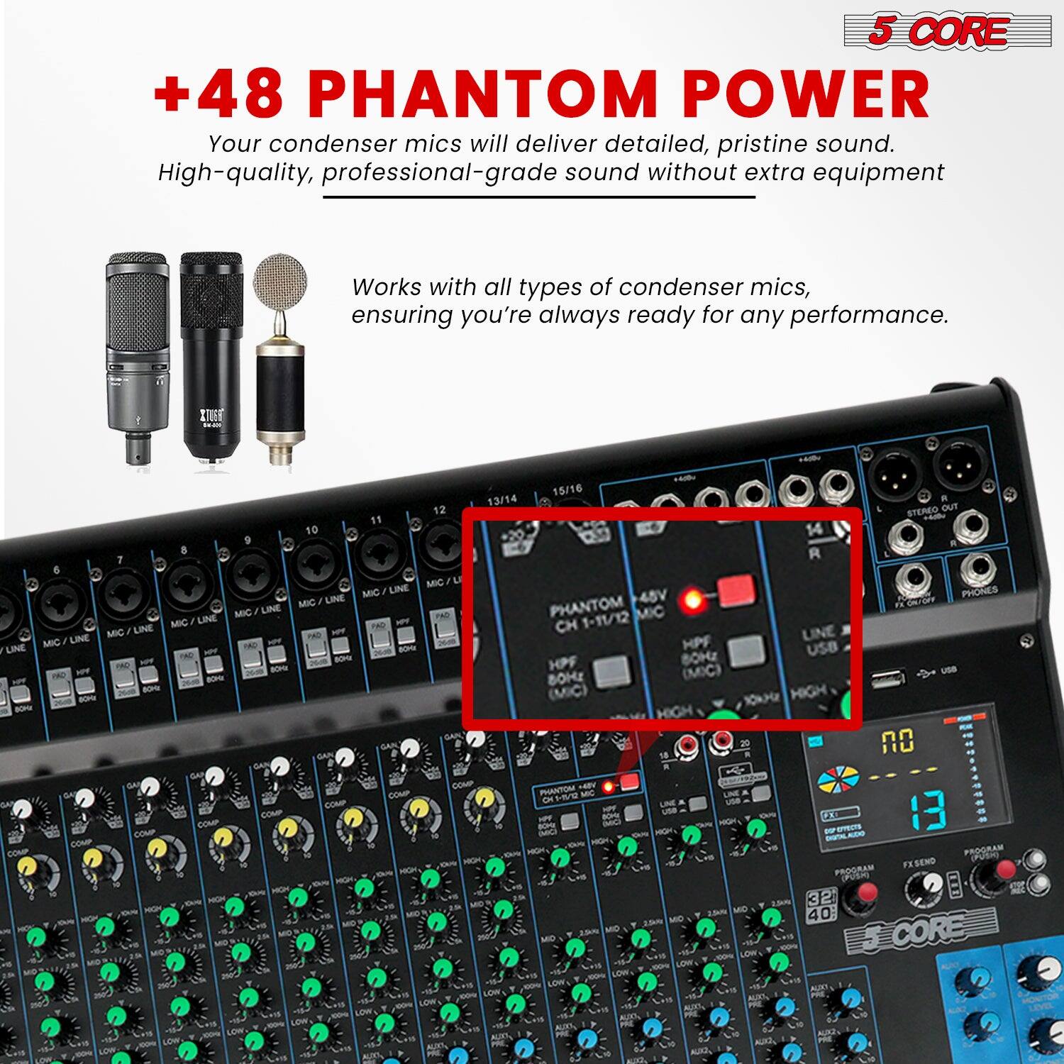 5 CORE Audio Mixer 20 Channel DJ Soundboard USB Interface