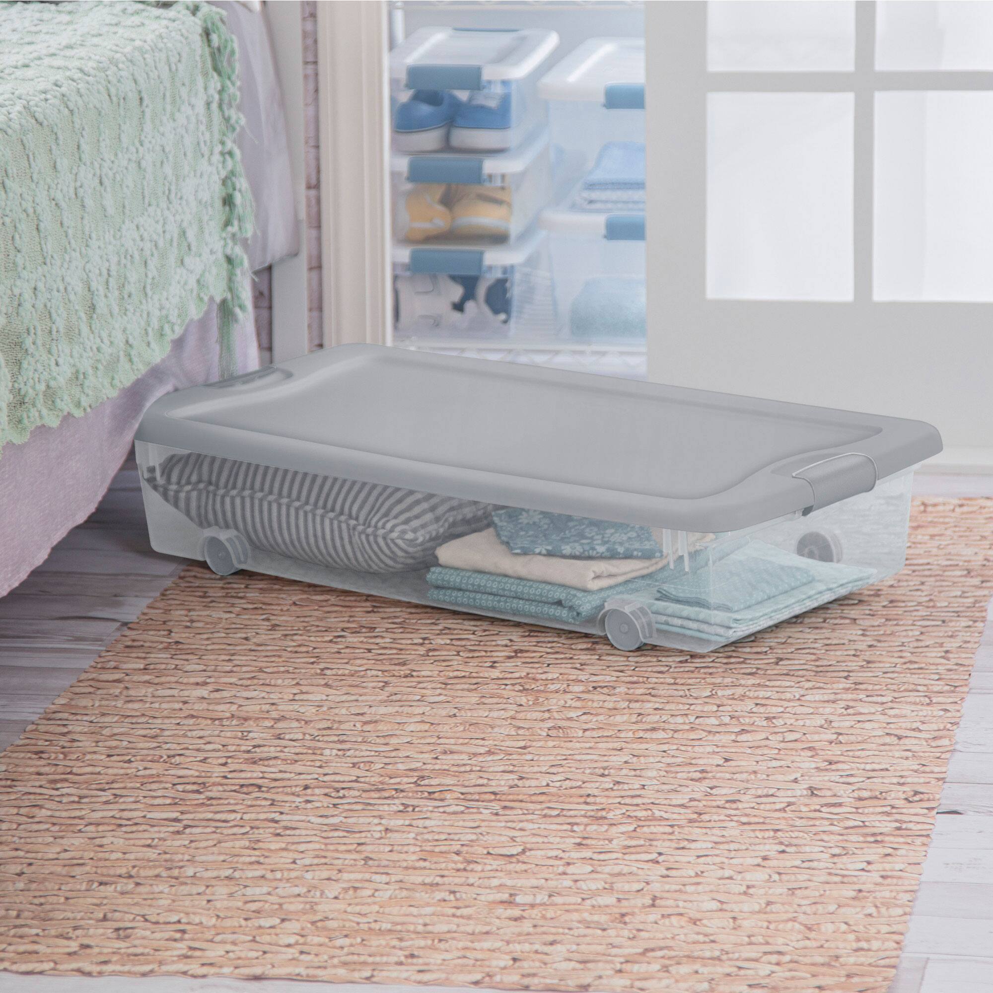 Alt View 2. Sterilite - Sterilite 56 Qt Wheeled Under Bed Storage Container, Plastic Bin, Silver, 4 Pack - Silver.