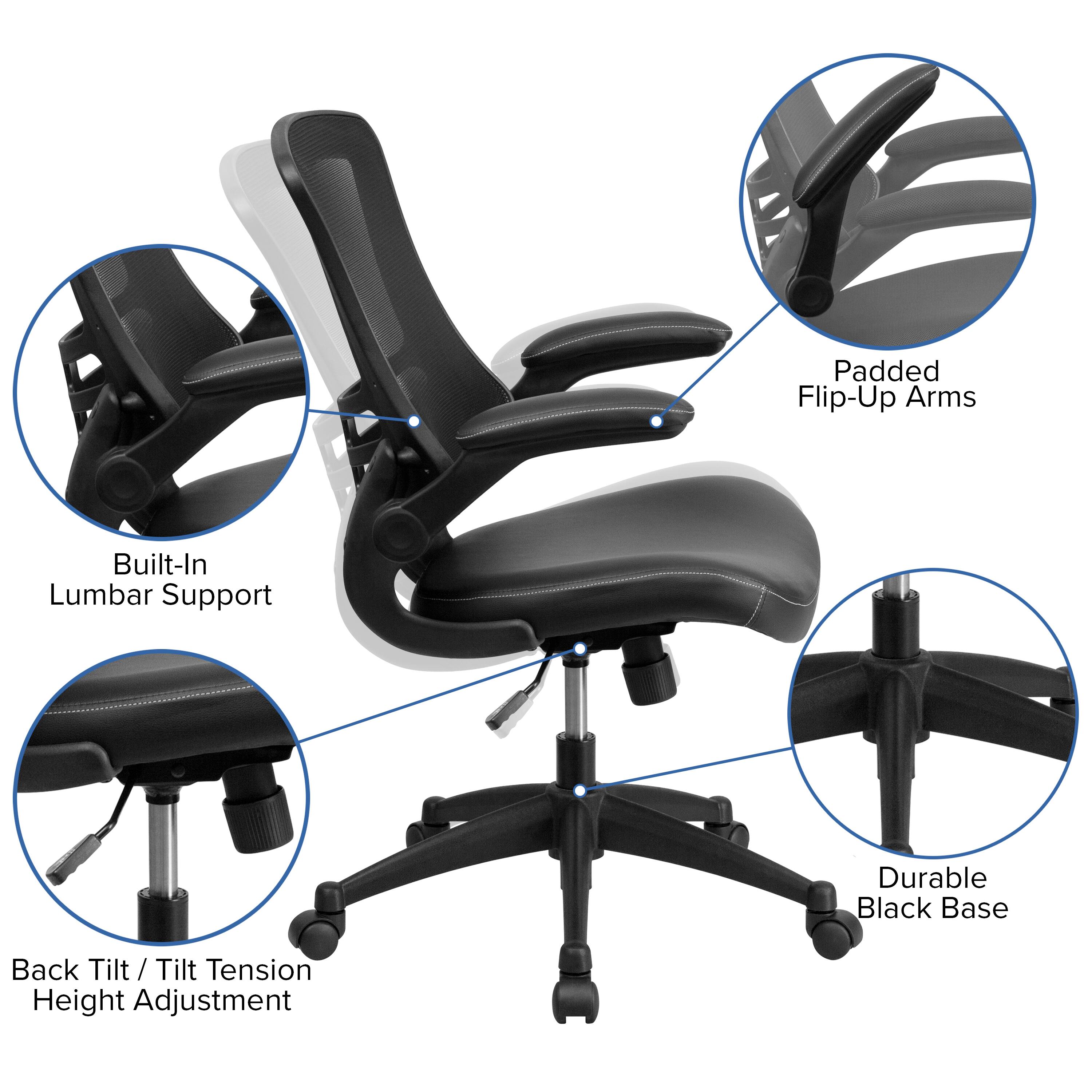Padded Flip-Up Arms  
Built-In Lumbar Support  
Durable Black Base  
Back Tilt / Tilt Tension Height Adjustment
