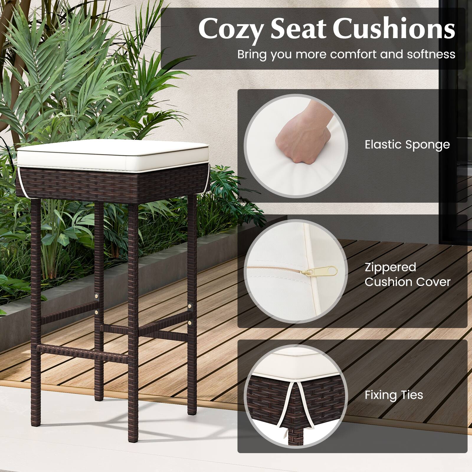 Cozy Seat Cushion
Bring you more comfort and softness

- Elastic Sponge
- Zippered Cushion Cover
- Fixing Ties
