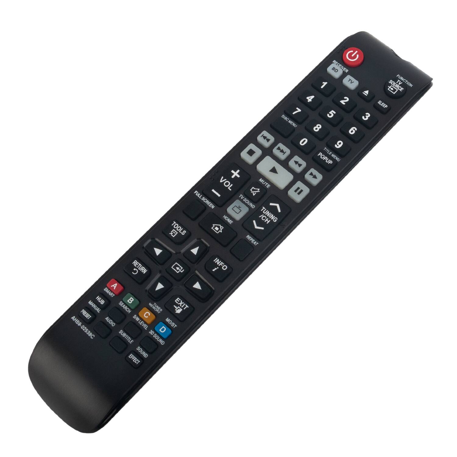 G BO RECEIVER 1 TV SOURCE FUNCTION TV A  4 2 SLEEP 7 5 3 DIBC MENU 8 6 |4 0 9 | TITLE-MENU 4 POPUP +  VOL MUTE FULL " SCREEN TVSOUND HOME ICH TUNING  TOOLS REPEAT  RETURN G INFO A SMART HUB  EXIT MANUAL SEARCH 250  PRESET SW C AH59 AUDIO LEVEL MOIST 02538C 30 D SUBTITLE 3D SOUND SOUND EFFECT