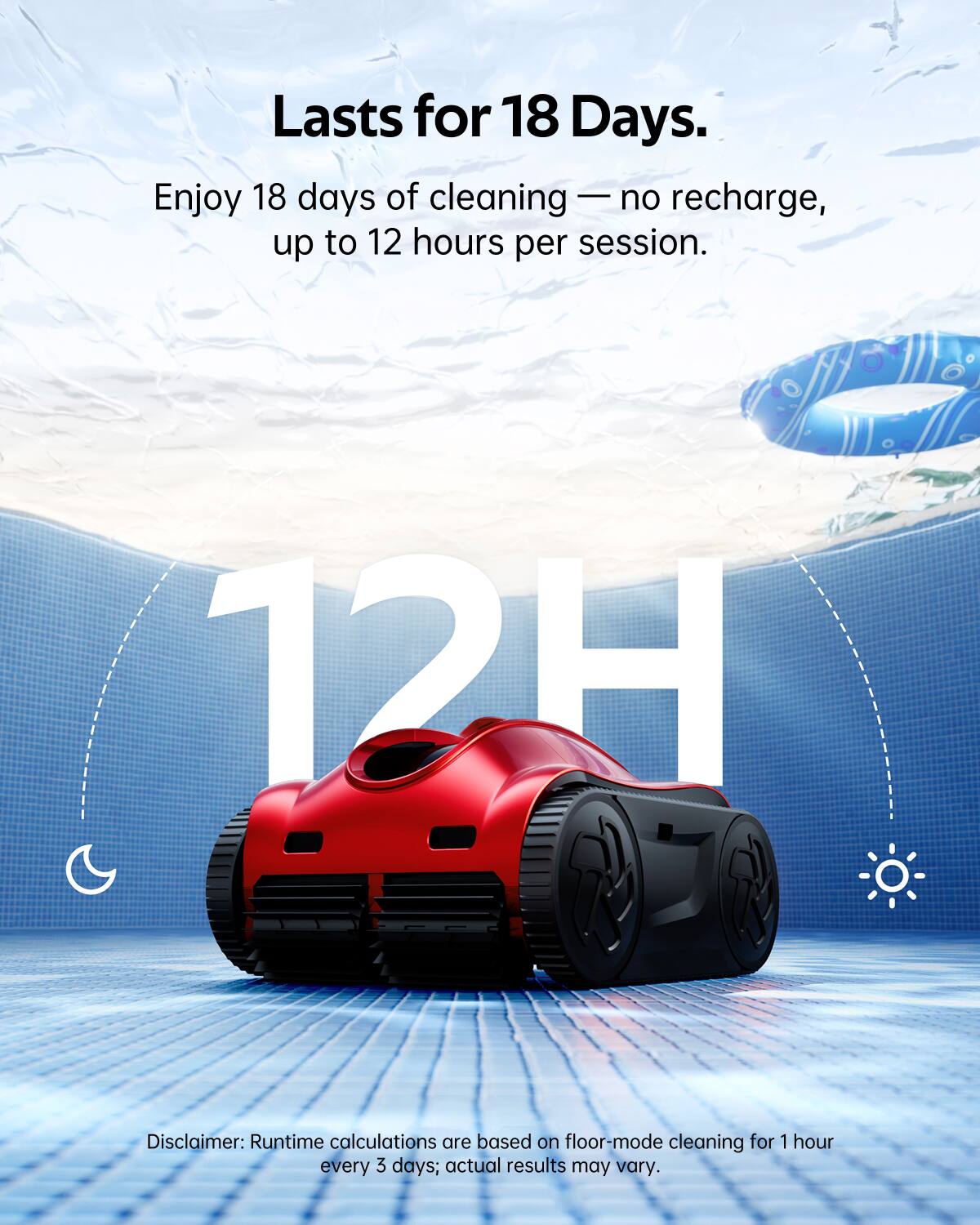 Lasts for 18 Days.  
Enjoy 18 days of cleaning — no recharge, up to 12 hours per session.  

12H  

Disclaimer: Runtime calculations are based on floor-mode cleaning for 1 hour every 3 days; actual results may vary.