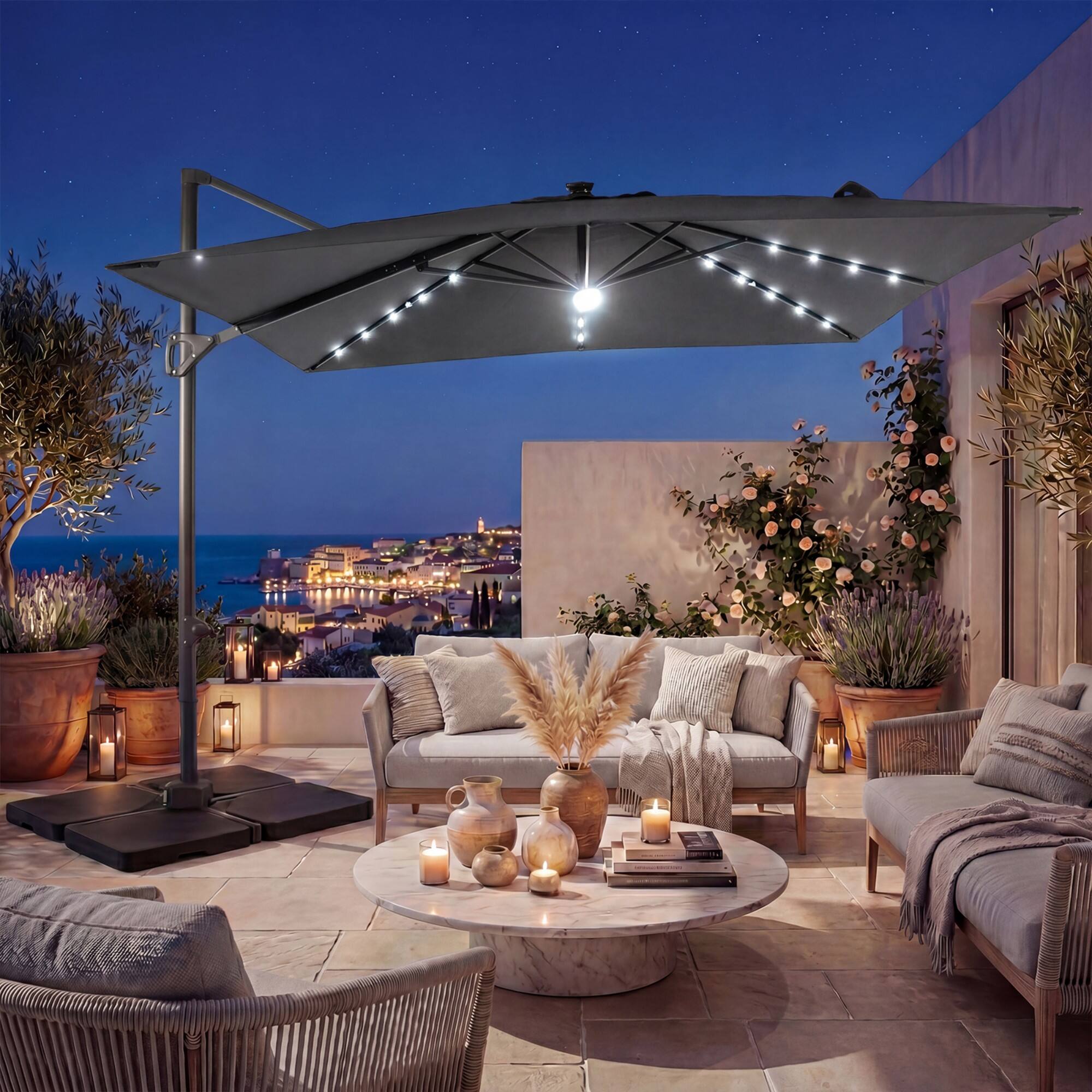 Alt View 4. Costway - Costway 10 FT Cantilever Patio Umbrella with 32 Solar LED Lights, 360° Rotation, Easy Tilt - Gray.