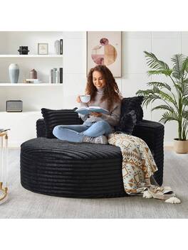 Trinkets Crazed - 55" L Corduroy Sponge Single Sofa, Oversized Round Chair,Fluffy Modern Sleeper Chair - Black