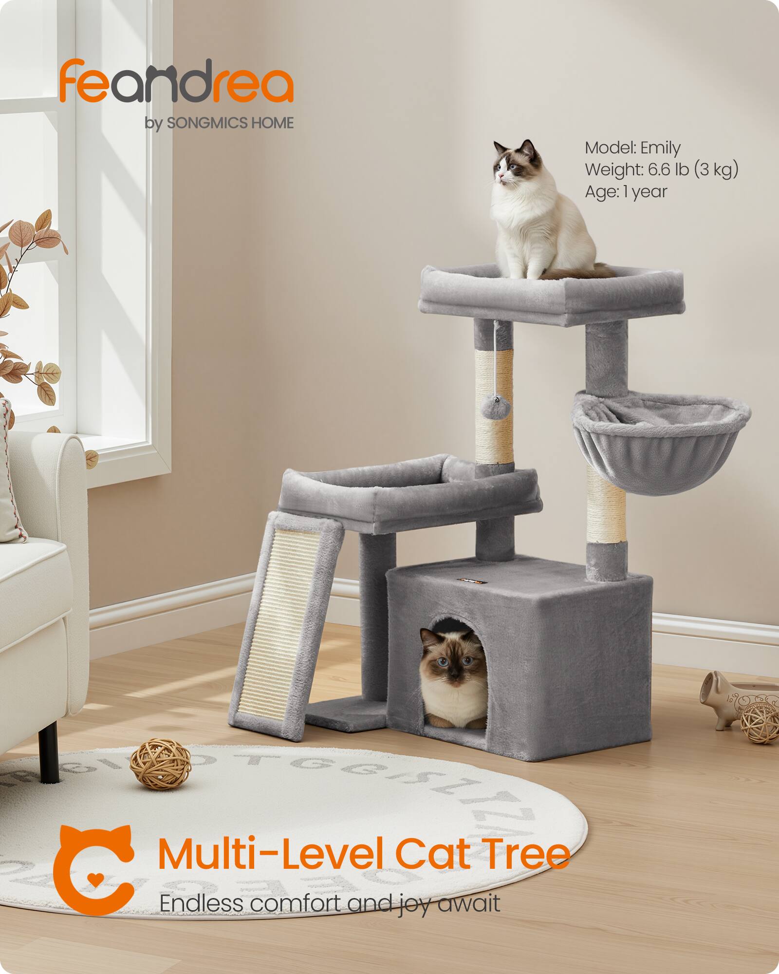 Songmics Home Cat Tree, Cat Tower Condo with Scratching Posts and Ramp ...