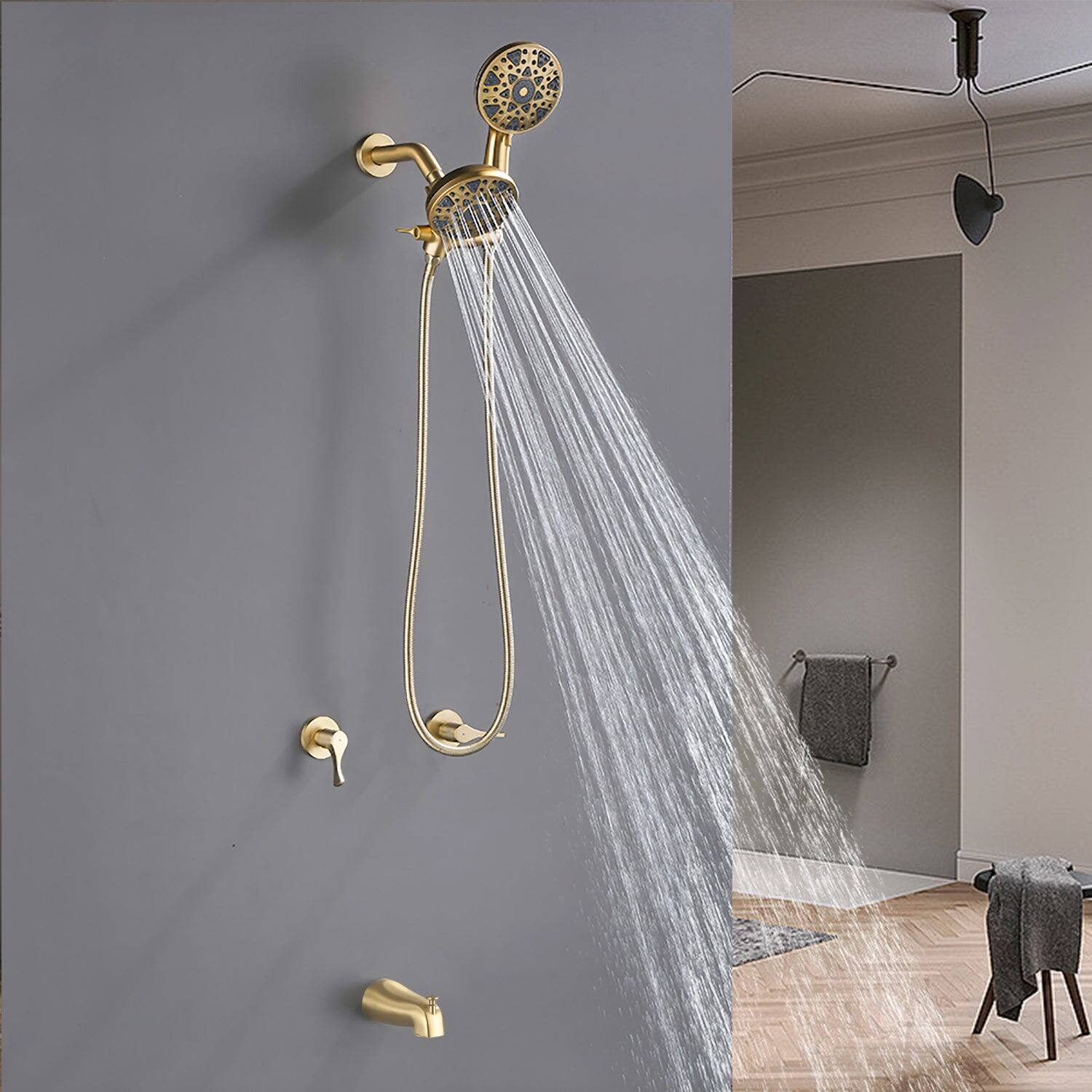 Alt View 3. Boyel Living - Brushed Gold Shower Set with Dual Handle Control 6 Function Dual Shower Heads and Tub Spout - Brushed Gold.