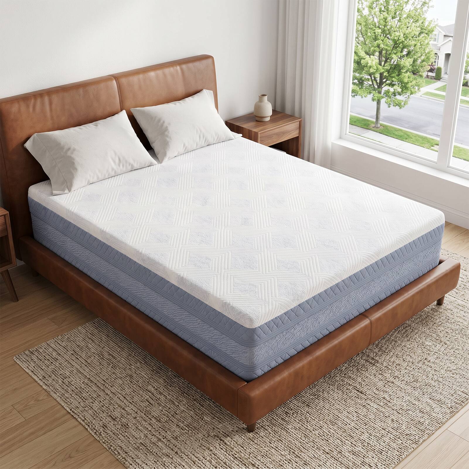 Alt View 2. FED Fitness - 10 Inch Queen Size Mattress High Density Sponge Medium Firm Comfortable Bed Mattress - White/Blue.