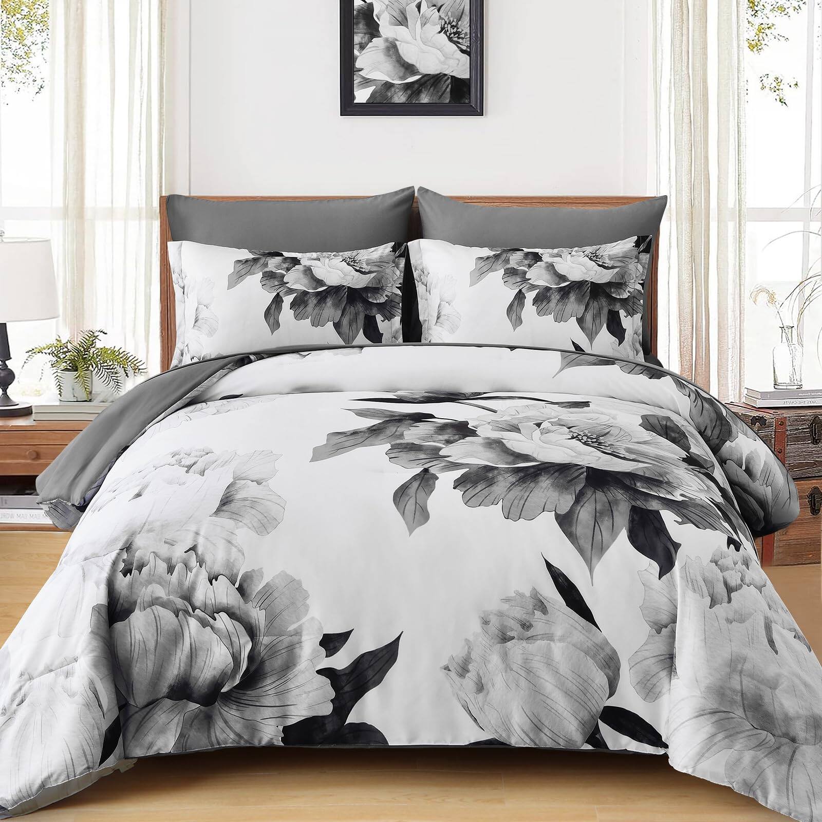 NICHOLAS KLEIN - Queen Comforter Set Bed In A Bag Floral Printed On With Sheets Soft Microfiber Botanical Farmhouse Bedding - Grey California King