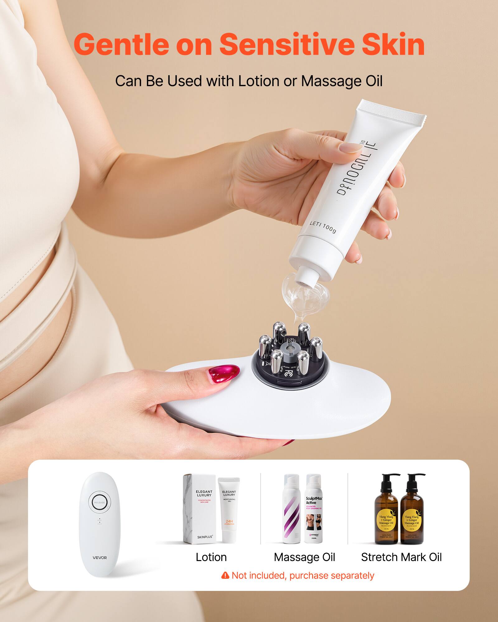 Gentle on Sensitive Skin  
Can Be Used with Lotion or Massage Oil  

LETI 100g  

Lotion  
Massage Oil  
Stretch Mark Oil  

Not included, purchase separately