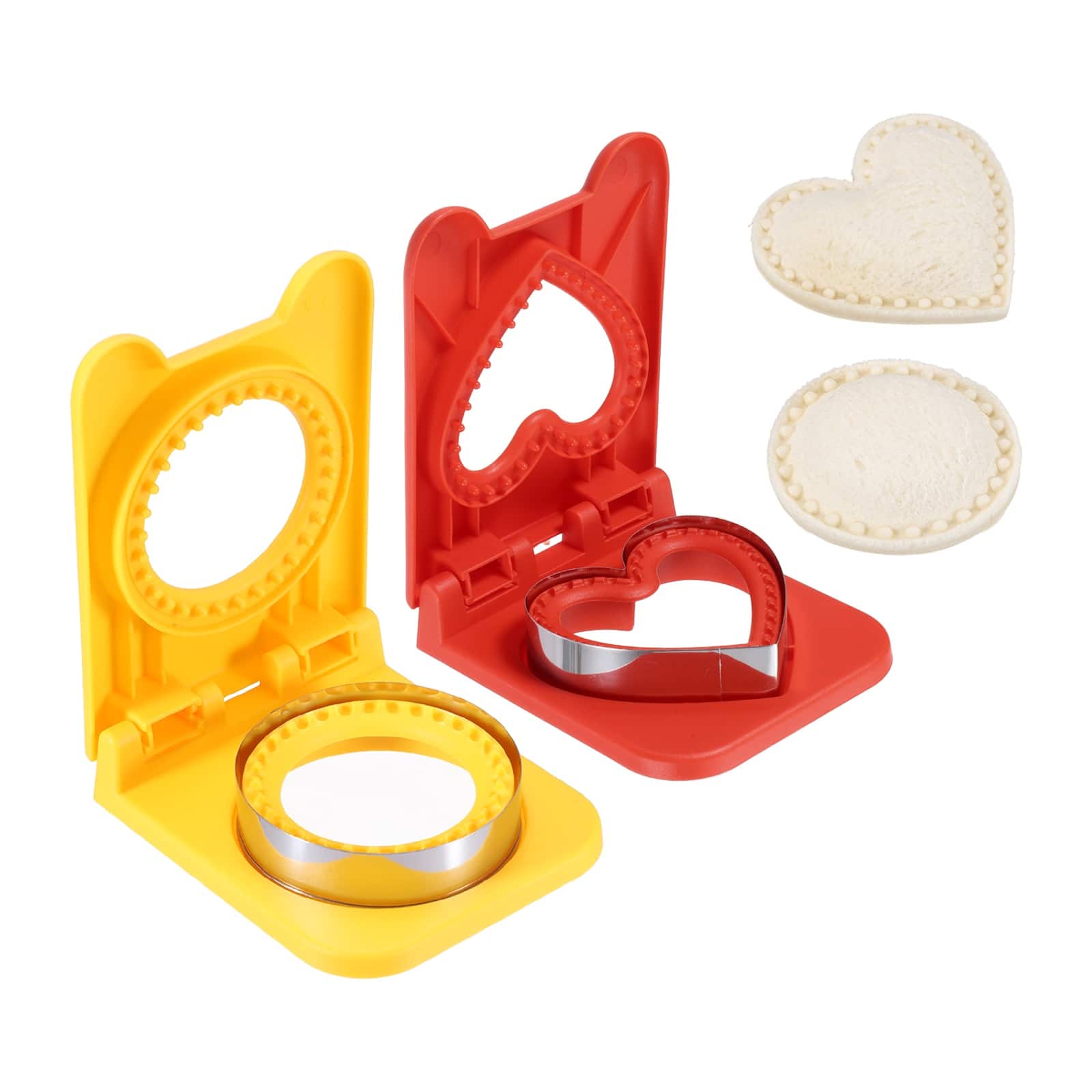 Unique Bargains - 2pcs Crustless Sandwich Cutter, Heart/Round Shape Uncrustable Sealer for DIY Breakfast Lunch Tea - Red/Yellow