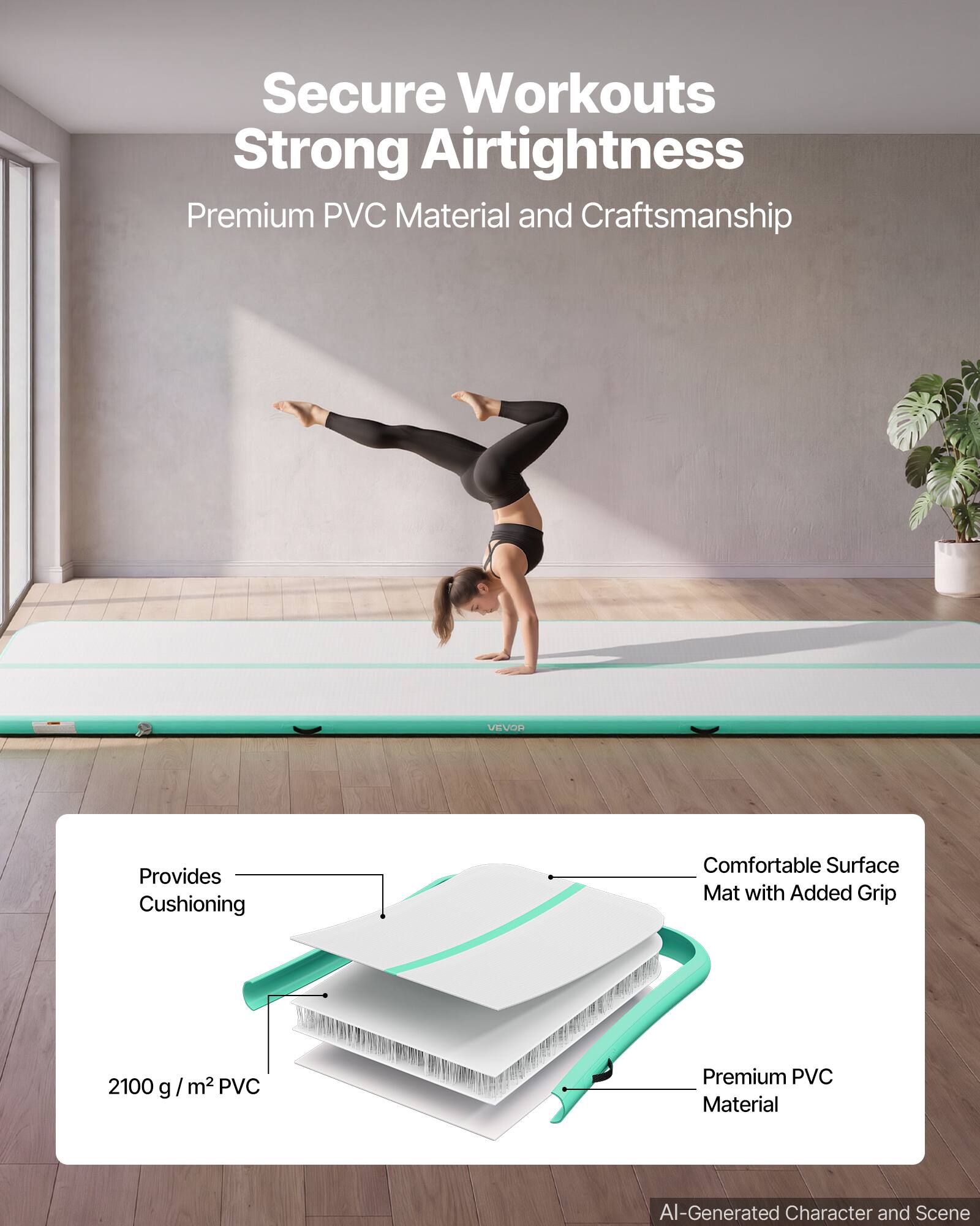 Secure Workouts Strong Airtightness  
Premium PVC Material and Craftsmanship  
VEVOR Provides Cushioning  
Comfortable Surface Mat with Added Grip  
2100 g /m² PVC  
Premium PVC Material  
AI-Generated Character and Scene