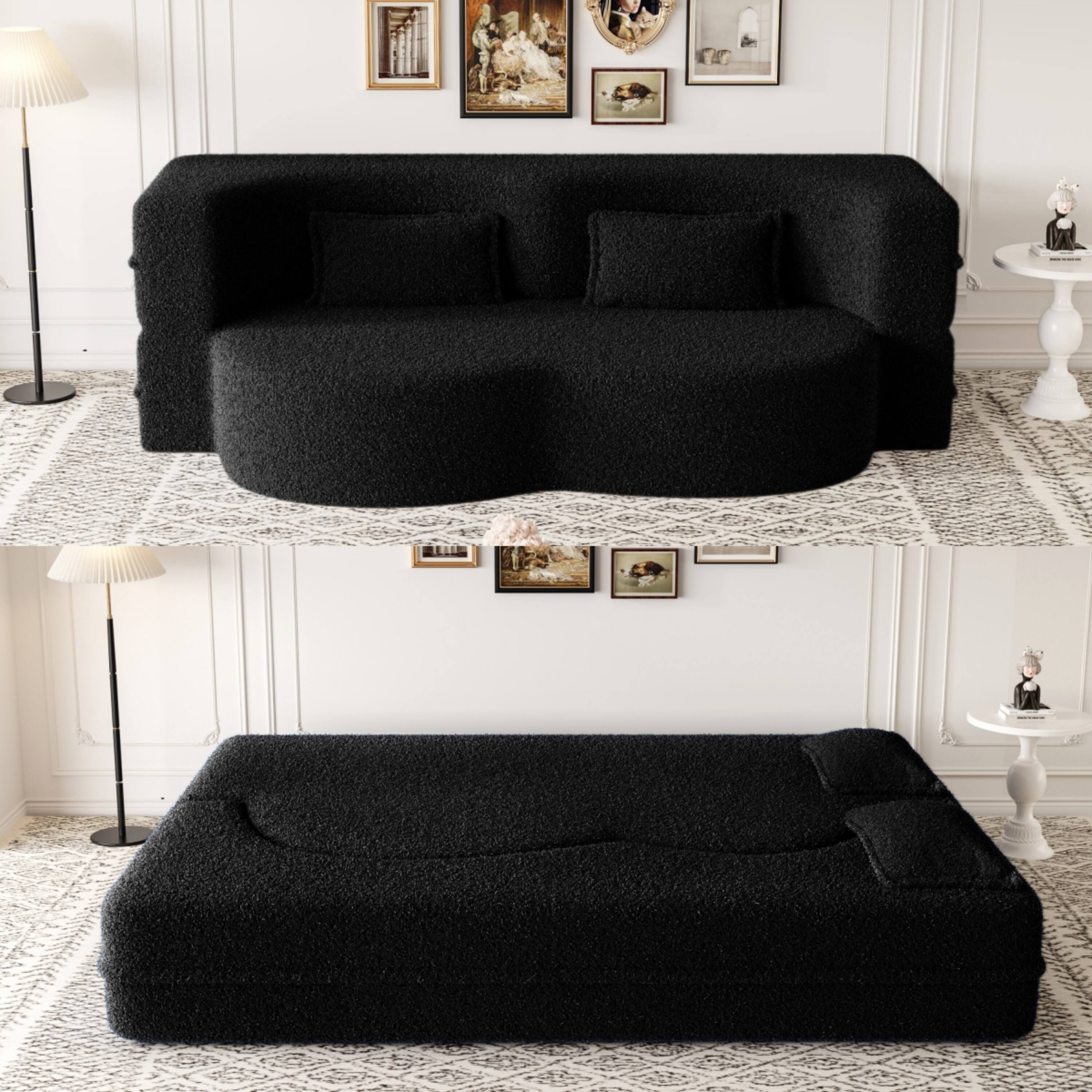 Alt View 1. Anysun - Modern Floor Sofa with 2 Pillows - Convertible Teddy Fabric Sleeper Bed, 15" Full Size Mattress, No Assembly Required - Black.