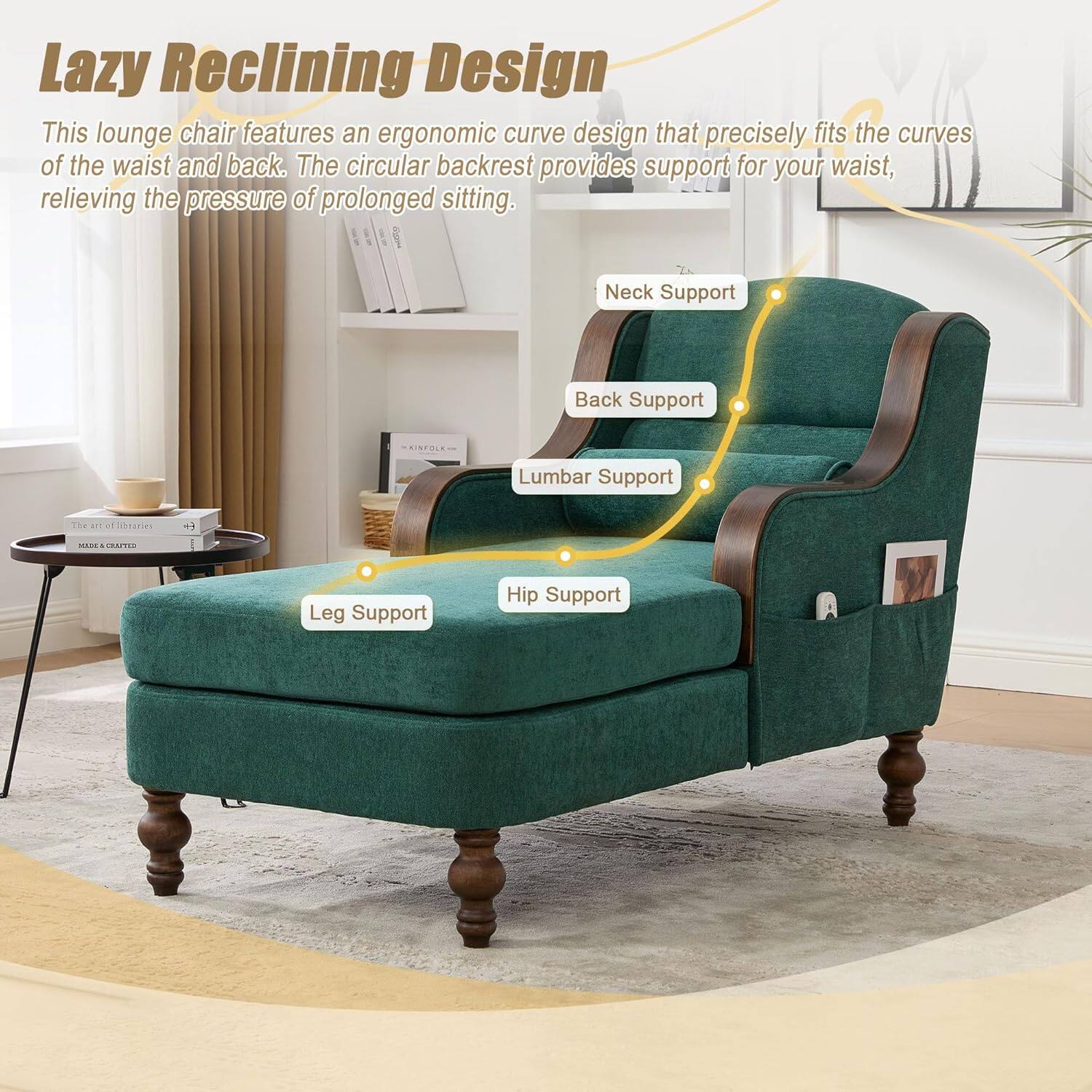 Lazy Reclining Design

This lounge chair features an ergonomic curve design that precisely fits the curves of the waist and back. The circular backrest provides support for your waist, relieving the pressure of prolonged sitting.

- Neck Support
- Back Support
- Lumbar Support
- Hip Support
- Leg Support