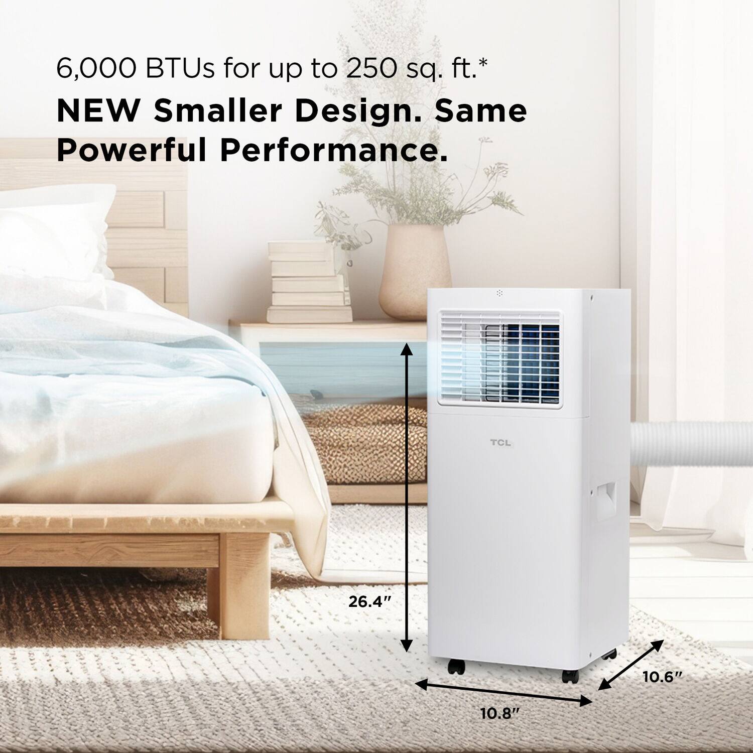 The text on the image is grouped as follows:

1. 6,000 BTUs for up to 250 sq. ft.*
2. NEW Smaller Design. Same Powerful Performance.
3. TCL 26.4" 10.6" 10.8"