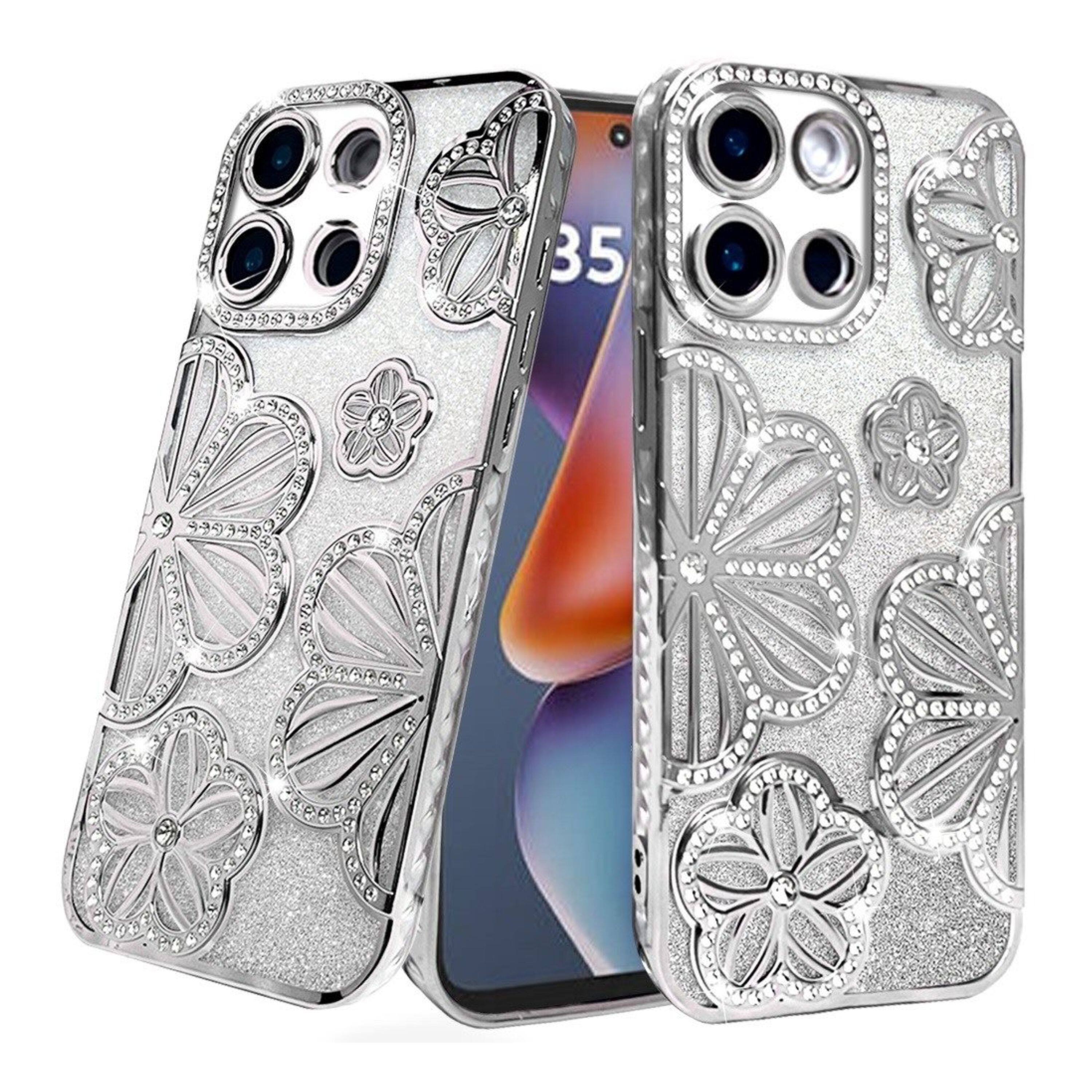 Front. Kitcheniva - 3D Floral Glitter Phone Case With Tempered Glass For Moto G 2025/2026 / G Play 2026 Silver - Silver.
