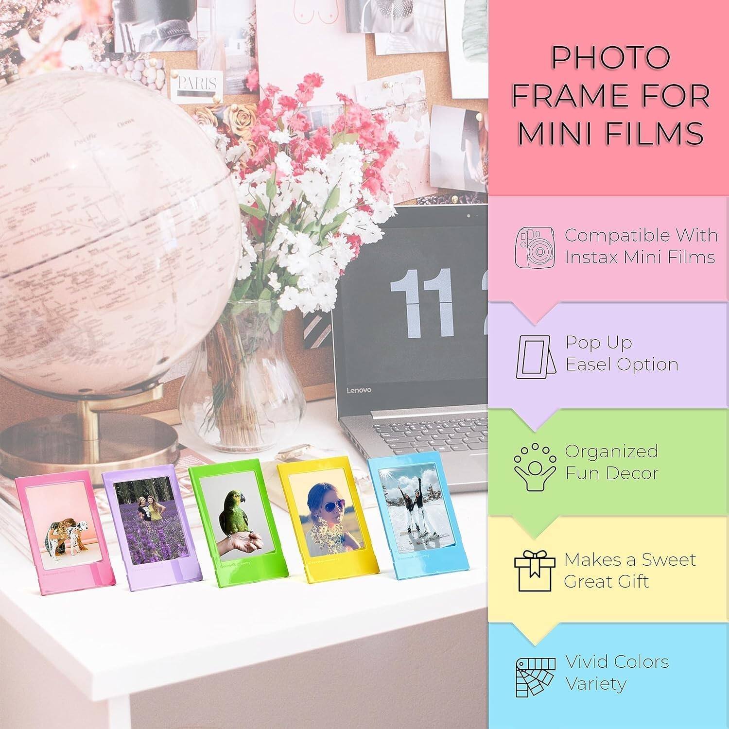 PHOTO FRAME FOR MINI FILMS

- Compatible With Instax Mini Films
- Pop Up Easel Option
- Organized Fun Decor
- Makes a Sweet Great Gift
- Vivid Colors Variety