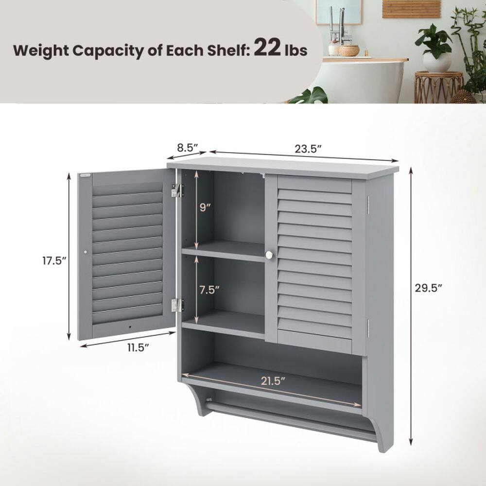 Weight Capacity of Each Shelf: 22 lbs

Dimensions:
- Height: 29.5"
- Width: 23.5"
- Depth: 11.5"
- Shelf 1: 9" (Height) x 21.5" (Depth)
- Shelf 2: 7.5" (Height) x 21.5" (Depth)
- Door: 17.5" (Height) x 8.5" (Width)