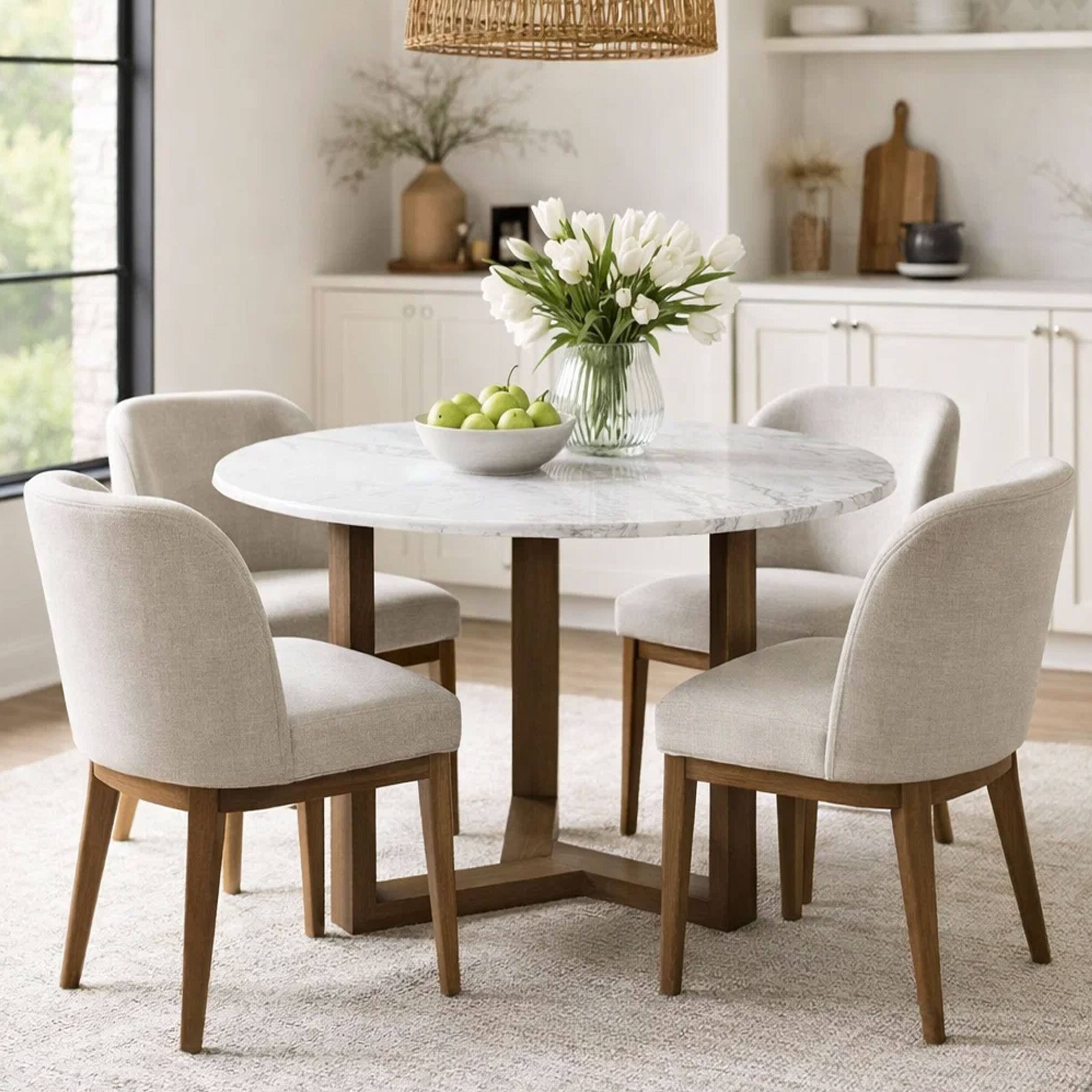 Alt View 5. Manhattan Lane - Fina 48 Inch Round Dining Table, White Genuine Marble Top, Natural Brown Mango Wood 3 Leg Sled Base - White, Natural Brown.
