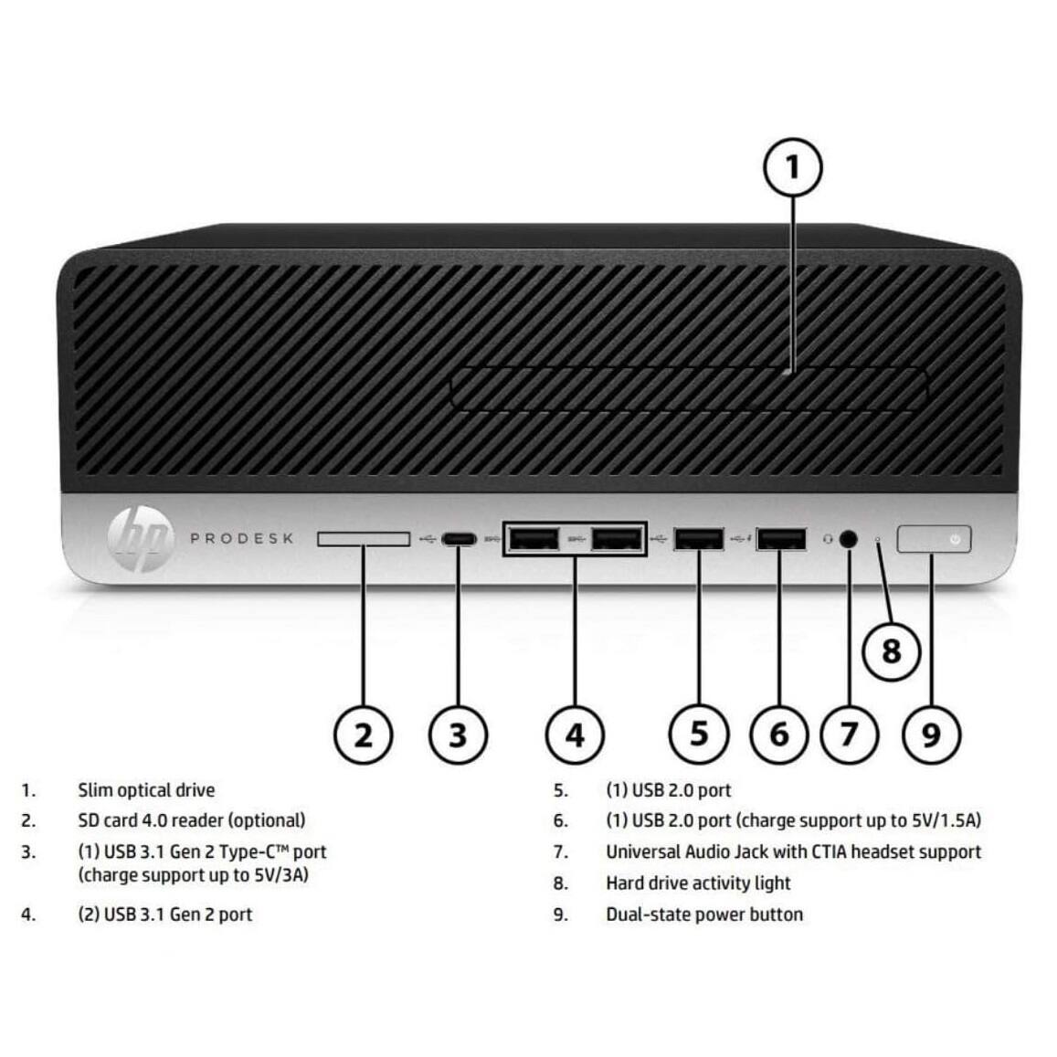 1. Slim optical drive  
2. SD card 4.0 reader (optional)  
3. (1) USB 3.1 Gen 2 Type-C™ port (charge support up to 5V/3A)  
4. (2) USB 3.1 Gen 2 port  
5. (1) USB 2.0 port  
6. (1) USB 2.0 port (charge support up to 5V/1.5A)  
7. Universal Audio Jack with CTIA headset support  
8. Hard drive activity light  
9. Dual-state power button
