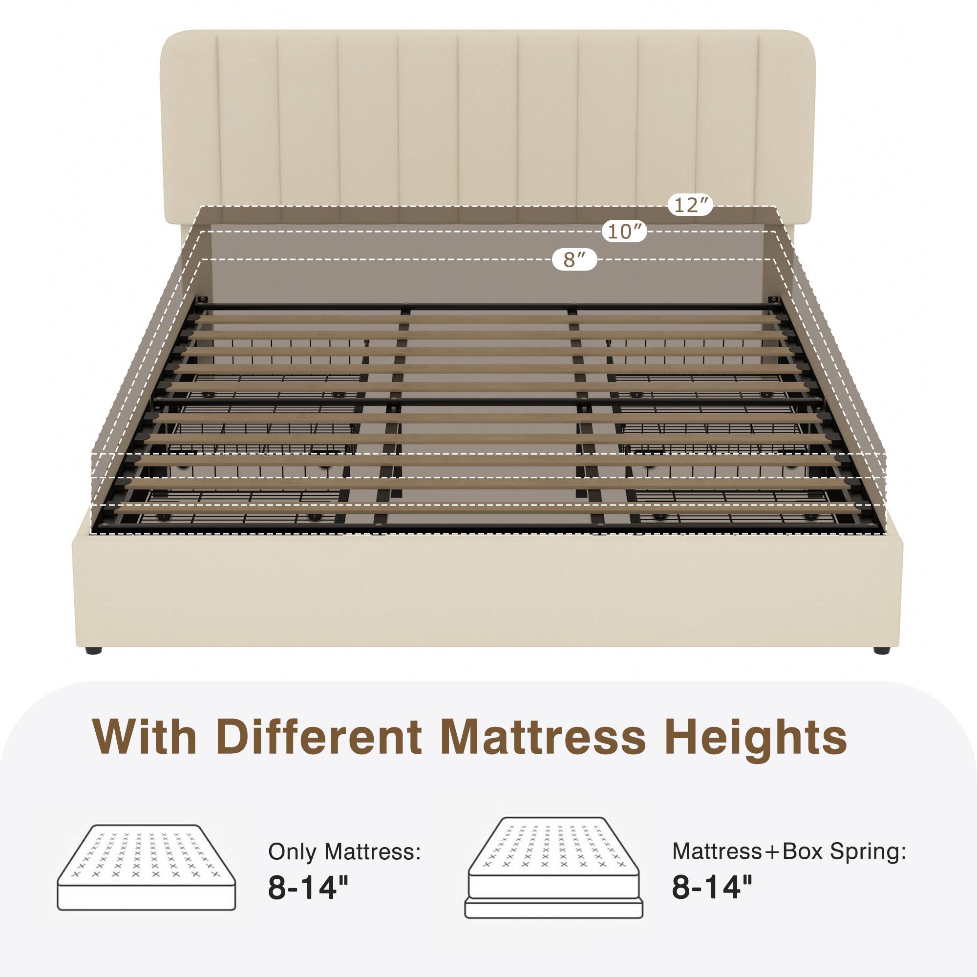 8" 10" 12" With Different Mattress Heights

Only Mattress: 8-14"

Mattress + Box Spring: 8-14"