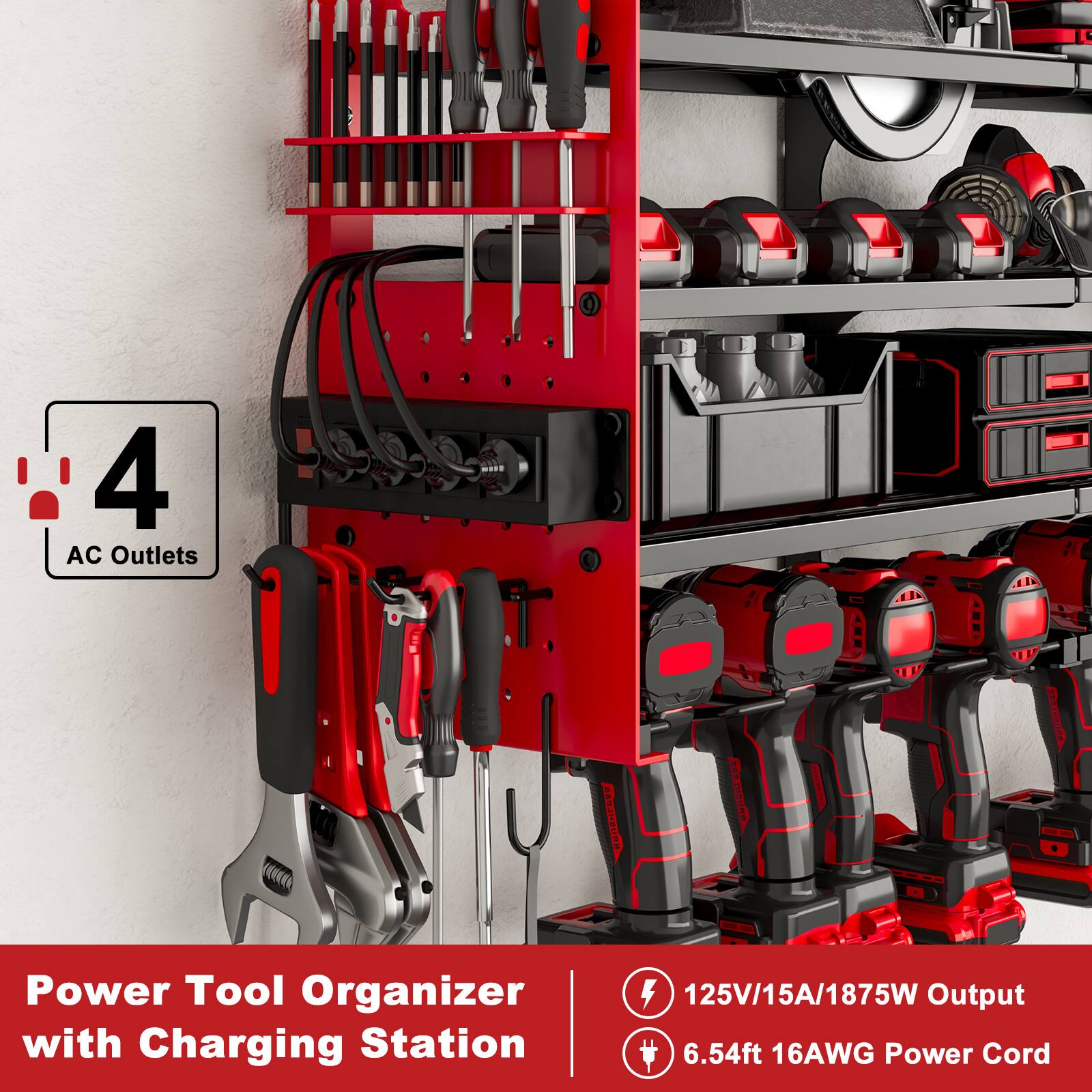 4 AC Outlets  
Power Tool Organizer with Charging Station  
125V/15A/1875W Output  
6.54ft 16AWG Power Cord