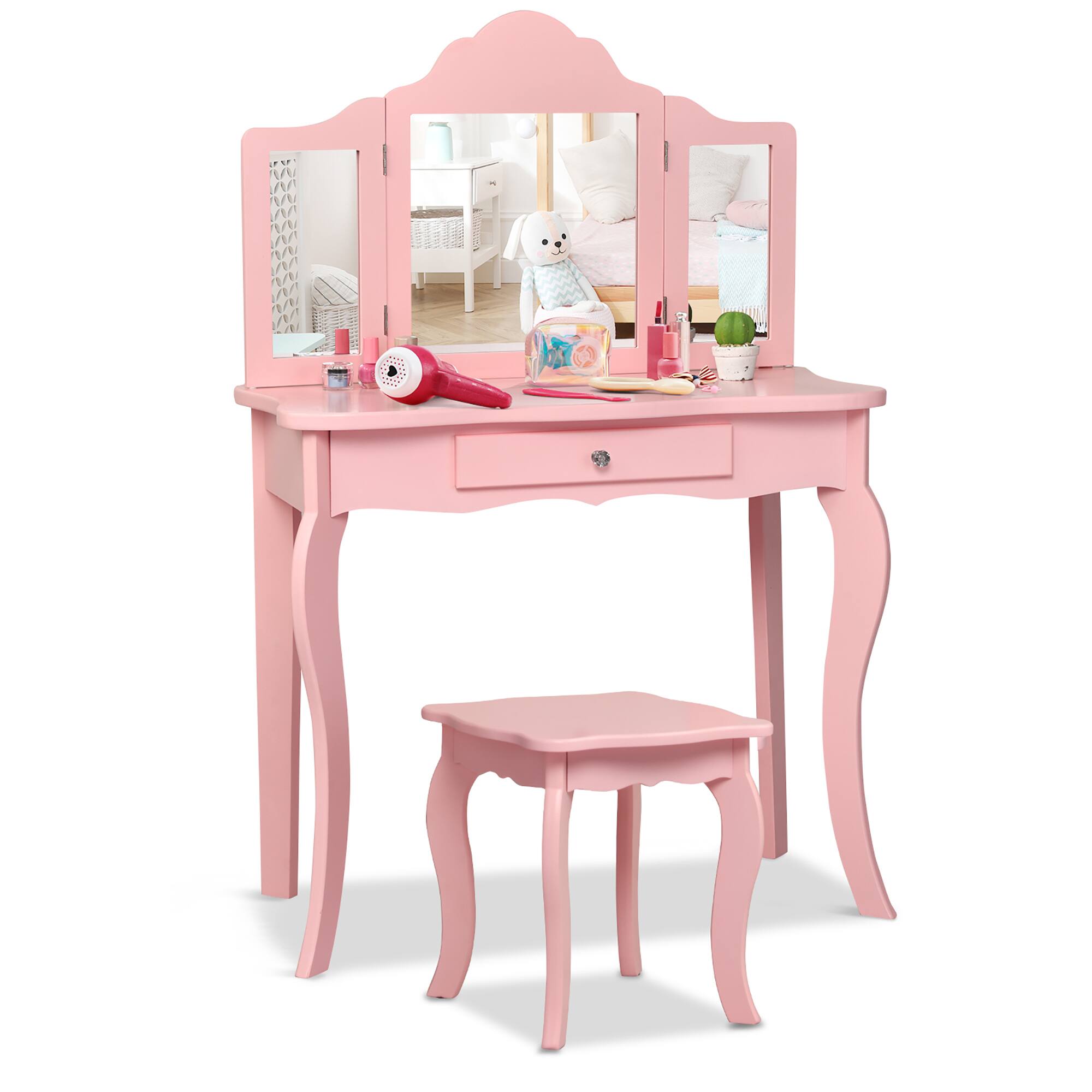 Alt View 6. Costway - Costway Kids Vanity Table & Stool Princess Dressing Make Up Play Set for Girls - Pink.