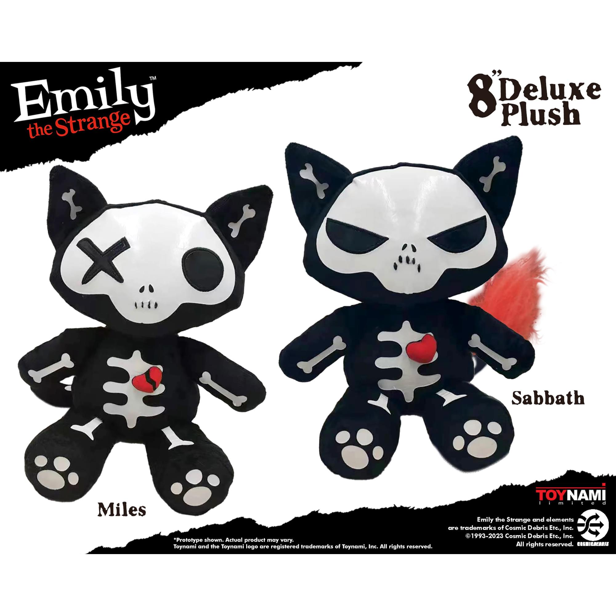 Emily the Strange 8" Deluxe Plush  
Miles & Sabbath  
Prototype shown. Actual product may vary.  
Toynami and the Toynami logo are registered trademarks of Toynami, Inc. All rights reserved.  
Emily the Strange and limited edition elements are trademarks of Cosmic Debris Etc., Inc. ©1993-2023 Cosmic Debris Etc. All rights reserved.