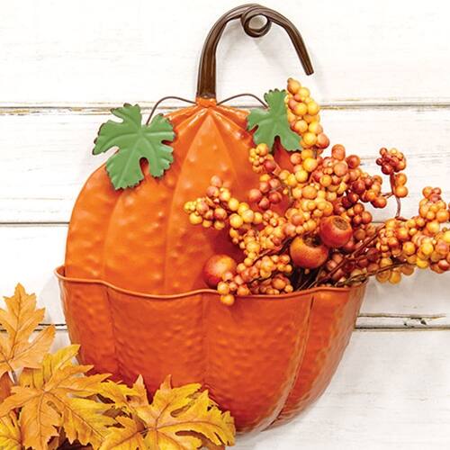 Angle. BreeBe - Painted Metal Pumpkin Wall Pocket - Orange.