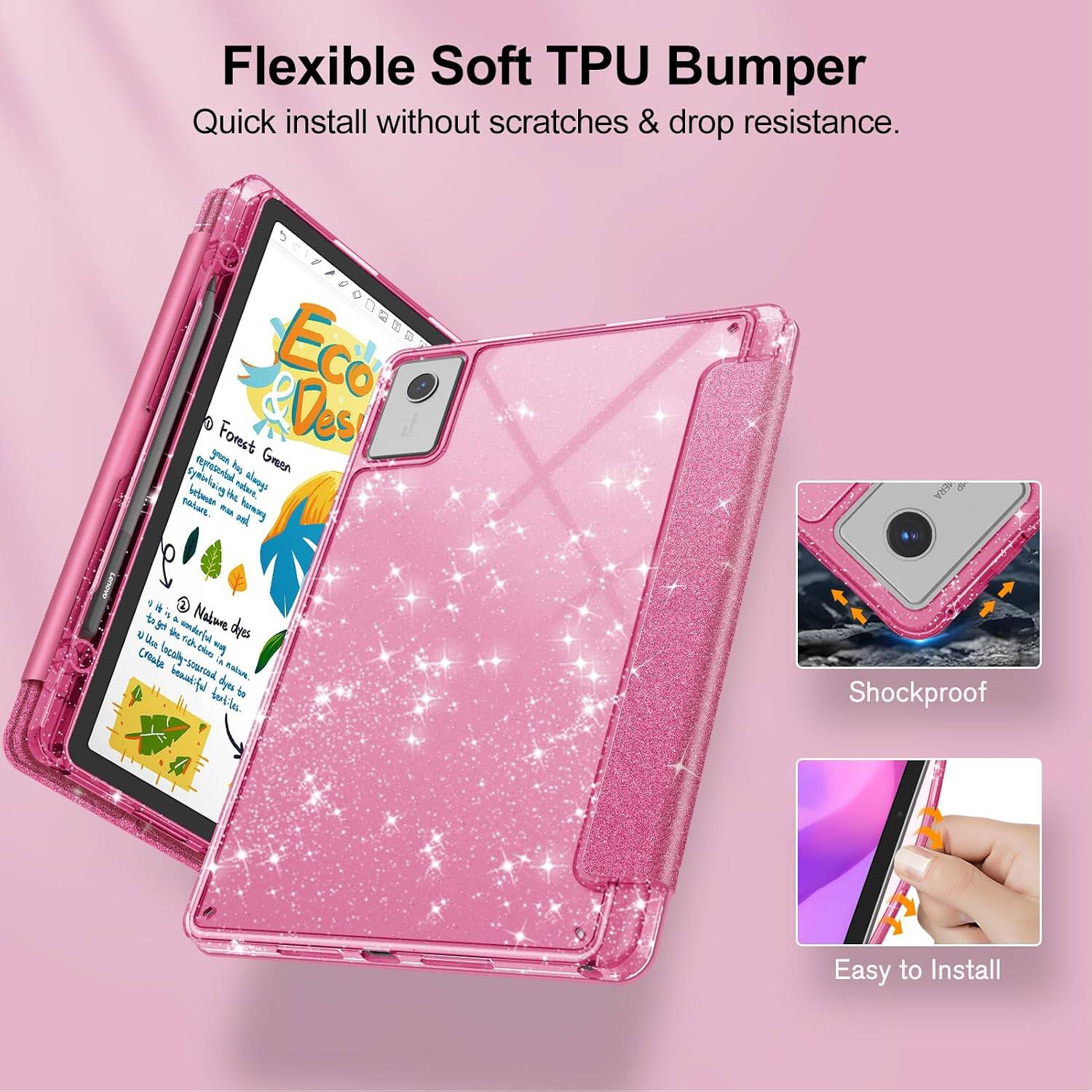 Flexible Soft TPU Bumper  
Quick install without scratches & drop resistance.  

Eco CHOCOLATION  
0. green Forest COOS Green representad has sprinlizing the between the nalare, nature. man love formany  

& C Nature tagot A 1) Use the lefrahrow dus Create locally- plues lefitured sourced dyes natue. tertiles. at  

Shockproof  
Easy to Install