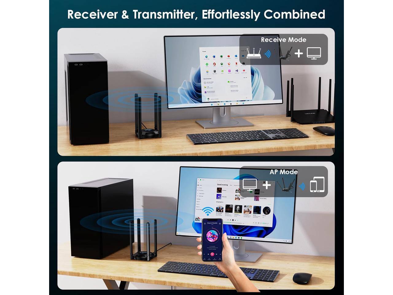 Receiver & Transmitter, Effortlessly Combined

Receive Mode

AP Mode