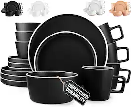 Zulay Kitchen - Terra Stoneware 16-Piece Dinnerware Set, Artisanal Ceramic Plates and Bowls Set Crafted at 2300℉ - Black