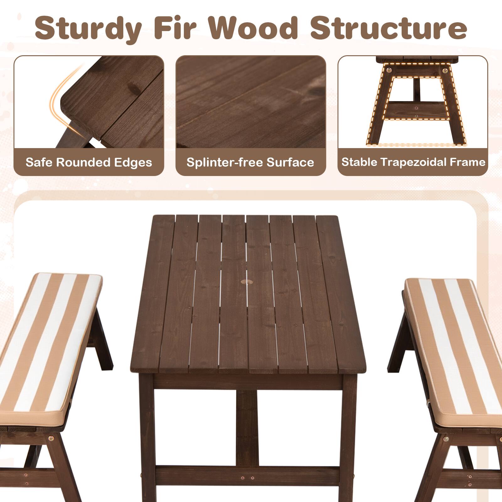Sturdy Fir Wood Structure  
Safe Rounded Edges  
Splinter-free Surface  
Stable Trapezoidal Frame