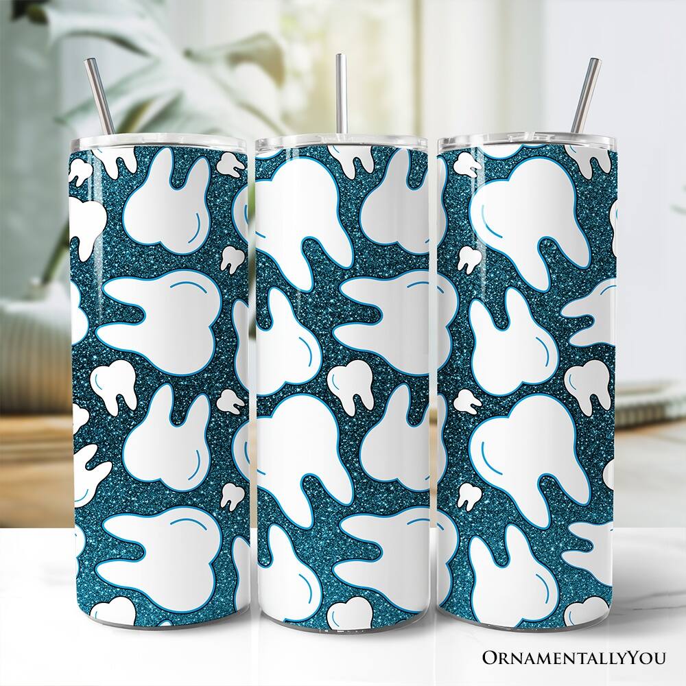 Left. OrnamentallyYou - Sparkly Blue Tooth Pattern 20oz Tumbler With Lid and Stainless Steel Straw - Multicolored.