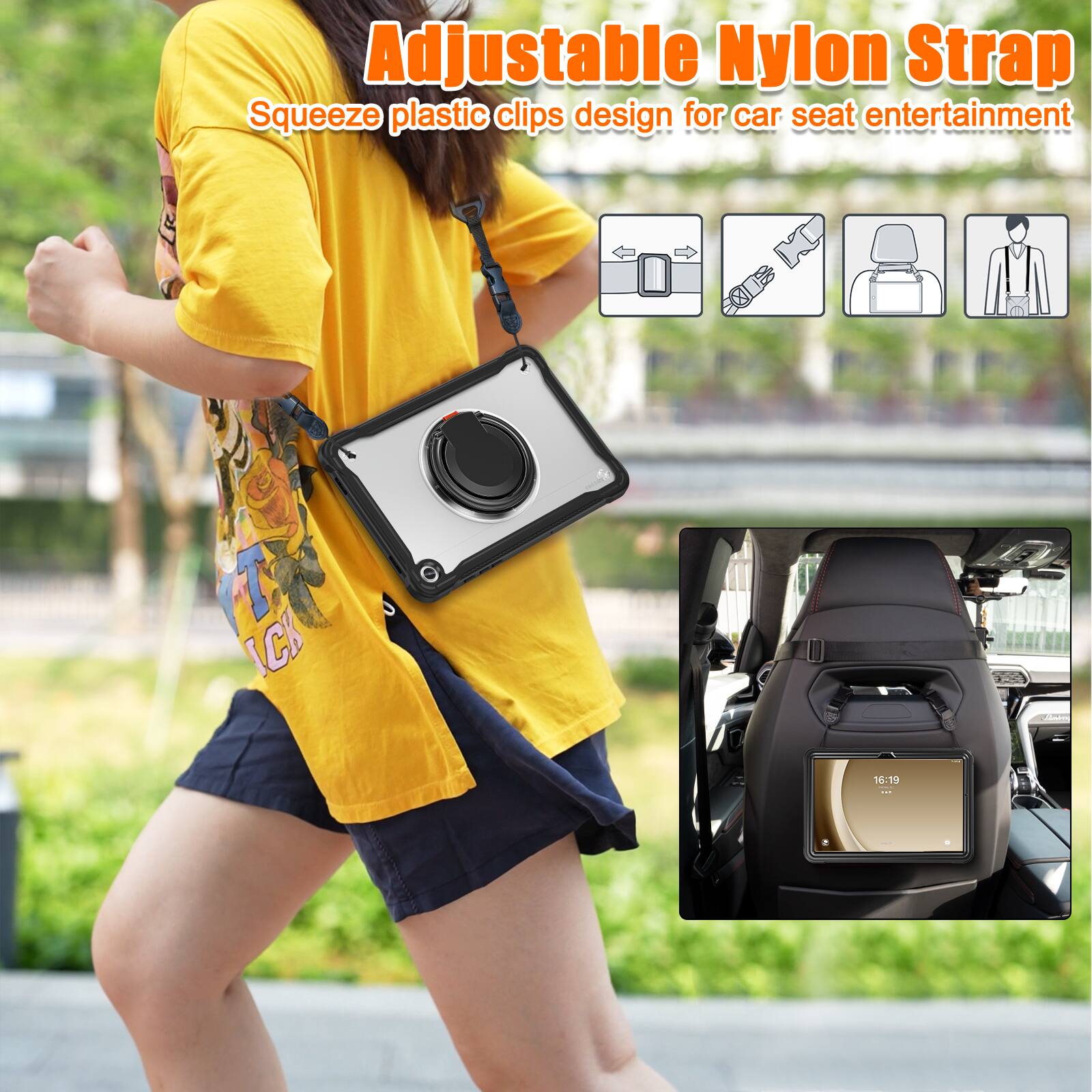 Adjustable Nylon Strap  
Squeeze plastic clips design for car seat entertainment