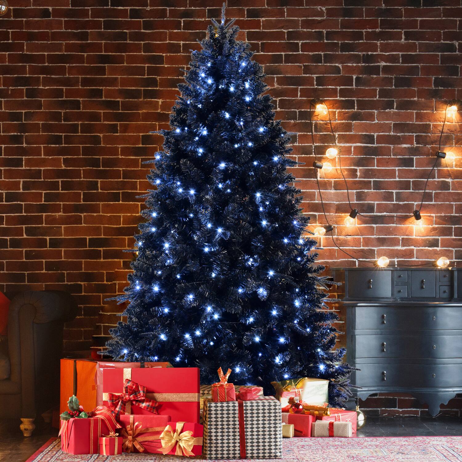 Left. Spaco - Spaco 8ft Artificial LED-lit Christmas Tree with PE Mixed Branch Tips - Black.