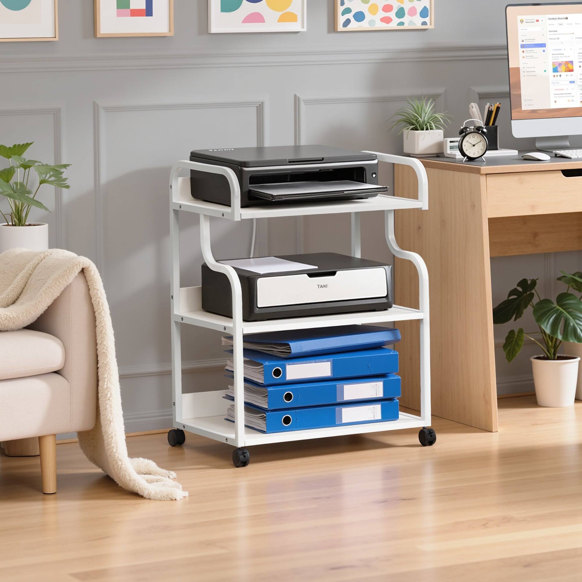 Alt View 4. Vecelo - 3 Tier White Printer Stand with Power Outlet, Rolling Metal Printer Cart with Storage Shelves - White.