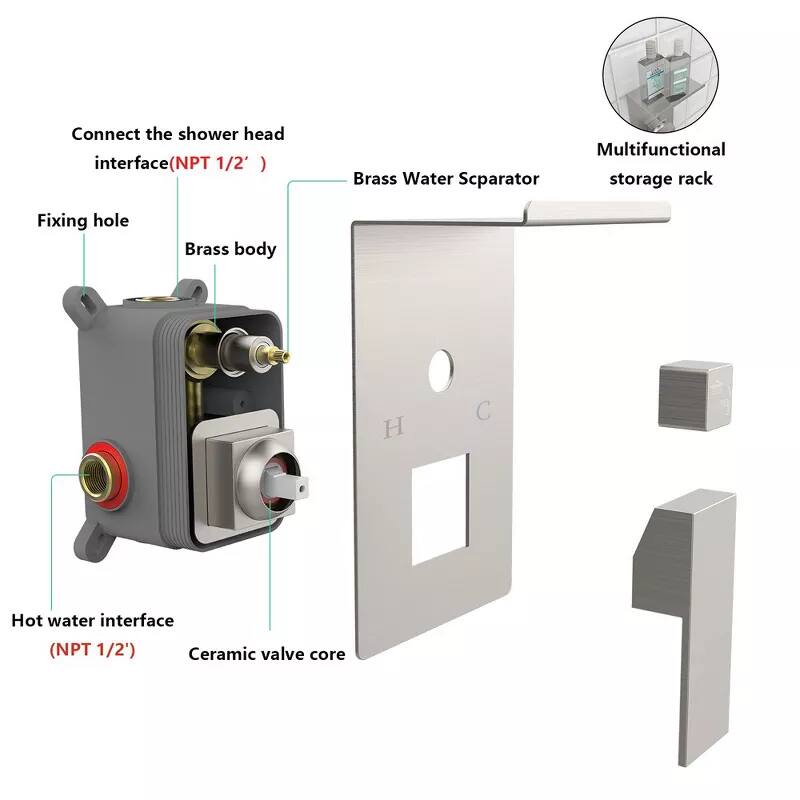 - Connect the shower head interface (NPT 1/2")
- Brass body
- Fixing hole
- Hot water interface (NPT 1/2")
- Ceramic valve core
- Brass Water Separator
- Multifunctional storage rack