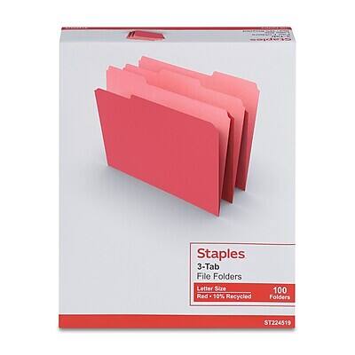 Staples  
3-Tab File Folders  
Letter Size  
Red + 10% Recycled  
100 Folders  
ST224519