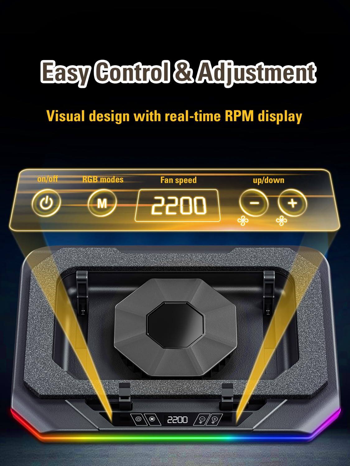 Easy Control & Adjustment  
Visual design with real-time RPM display  
Fan speed 2200  
on/off RGB modes  
up/down