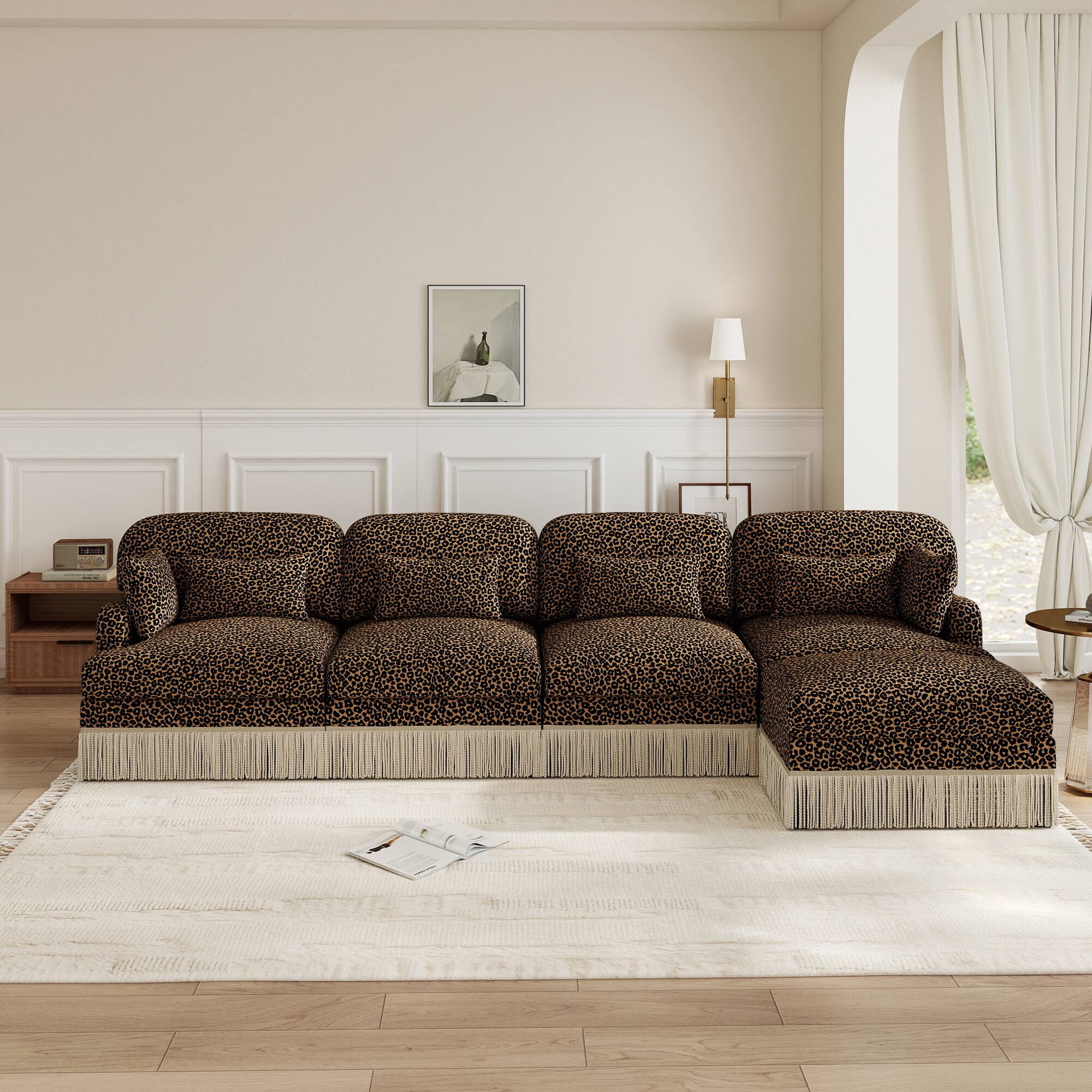 Left. Anysun - 131" 4-Seater Flexible Modular Leopard Print Chenille L-Shaped Sofa with Tassel Edges & Movable Ottoman - Brown.