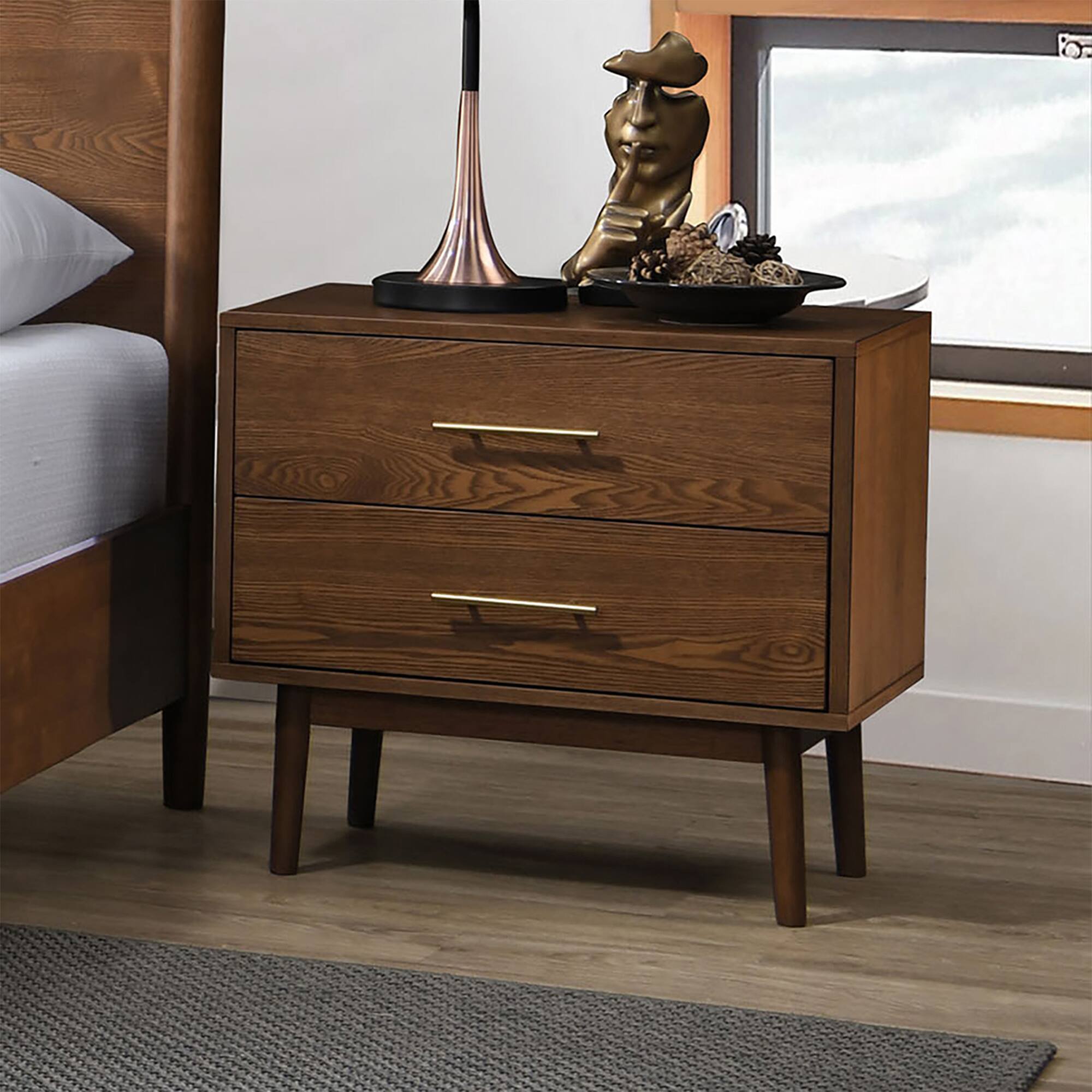 Angle. Vaczon - Modern Walnut Nightstand with Solid Wood Sleek Nickel Handles and Tip-Resistant Design - Walnut.