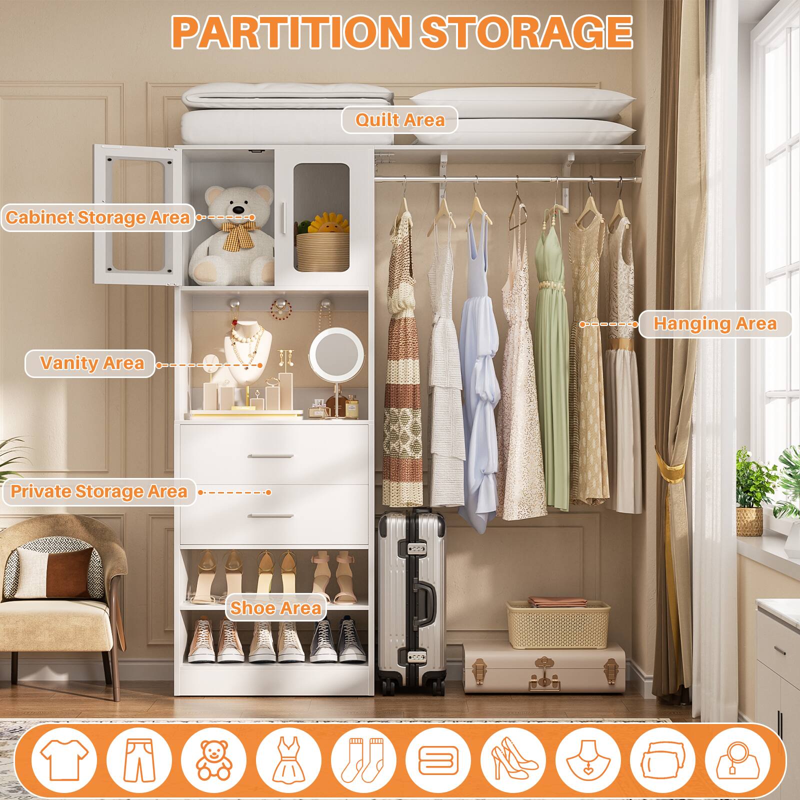 PARTITION STORAGE

- Quilt Area
- Cabinet Storage Area
- Vanity Area
- Private Storage Area
- Shoe Area
- Hanging Area